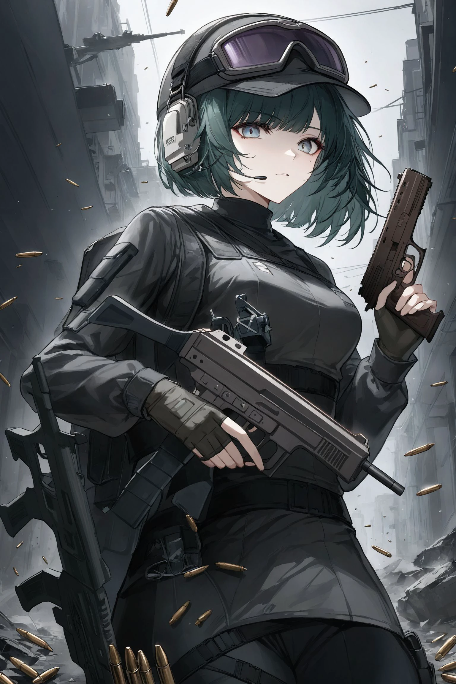 1girl, carrying gun, cool, <lora:Ela_Arknights-000020:1.2>, ailaaa, a hail of bullets,, masterpiece, best quality,