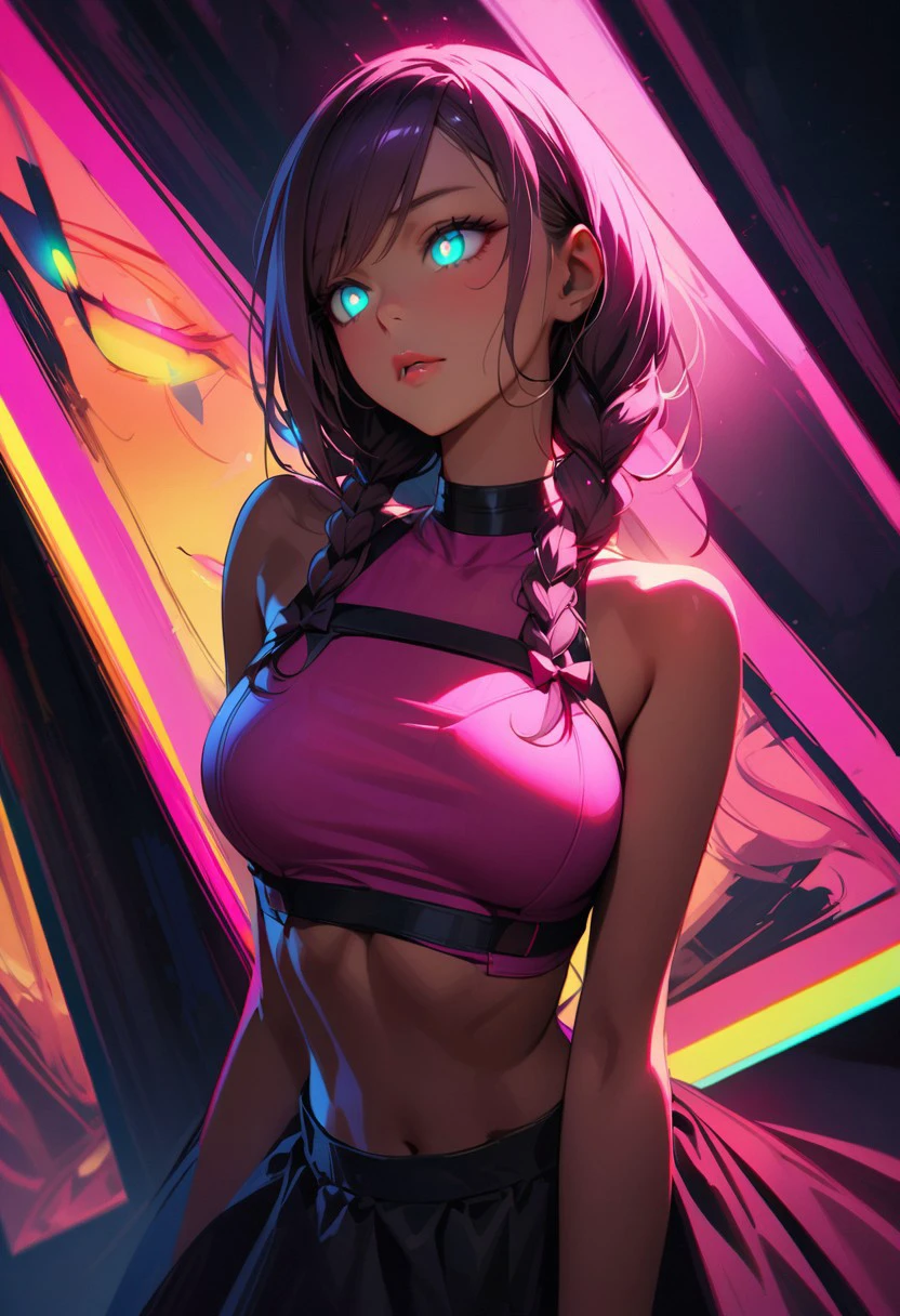 anime style, medium breasts, athletic hourglass figure, narrow waist,  bad girl, 1girl, cute, full body, [:casual costume design,:0.2], official art, (dark skin:1.3), bombshell punk hair, magenta hair, Boxer Braids, studio deep pink lighting , on a  desert road, bombshell hair, dark blonde hair, swept bangs, head down, full body,
masterpiece,best quality, aqua_eyes,  bright_pupils, dark background, gh resolution, high saturation , good anatomy,  sharped sightings ,  eye close-up, colourful eyes detailed beautiful eyes, medium shot, 70mm film, dramatic lighting, luminous eyes, immersed gaze, 
(glossy lips, fleshy lips, detailed lips),
(glowing eyes, very high resolution eyes, detailed round iris),  black detailed pupils,drawn picture, skin realistic:0.2 , detailed nosey,