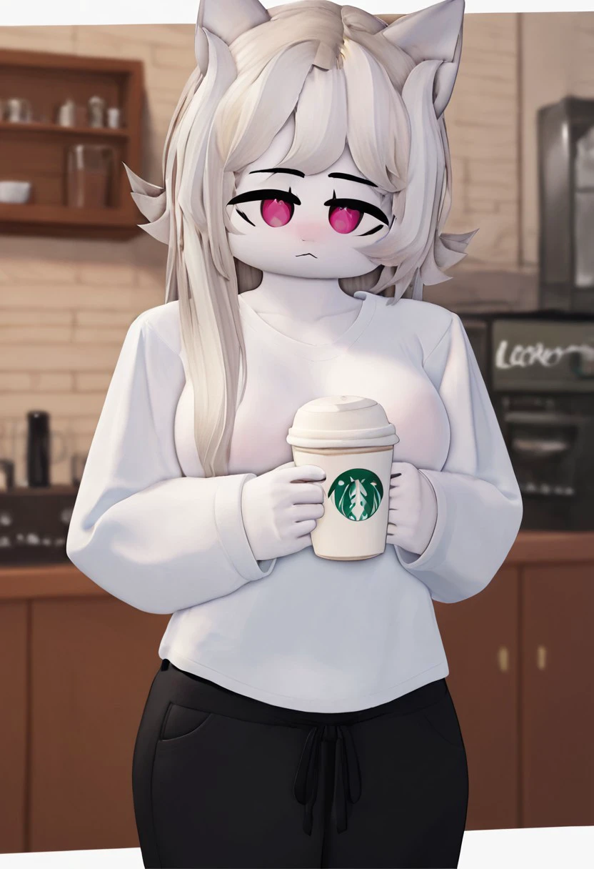 score_9, score_8_up, score_7, coffee cup, female, solo, platinum blonde hair, loose shirt, baggy pants, tired expression, coffee shop, fullbody, l1ztroyrr34, roblox