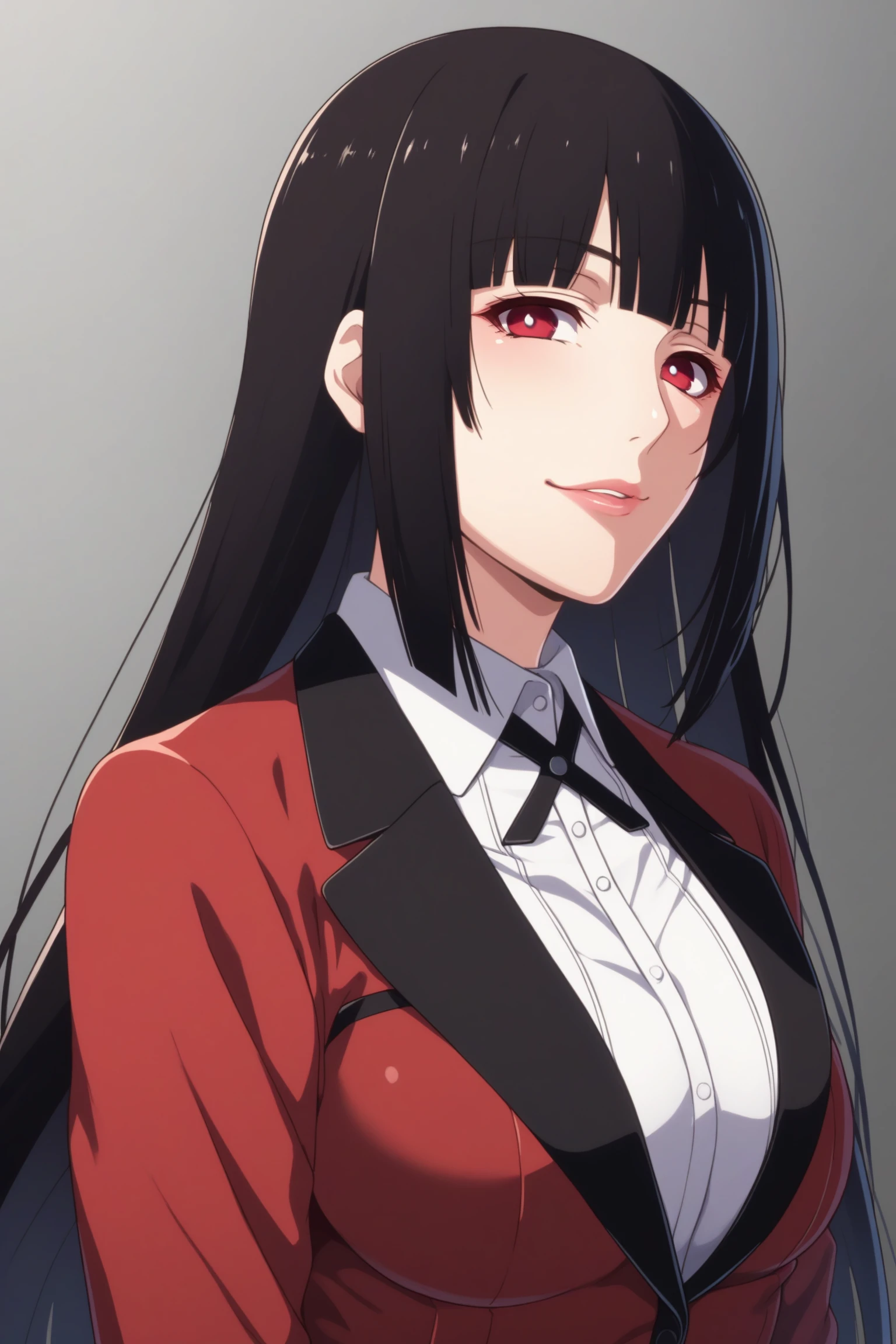 jabami yumeko, long hair, black hair, bangs, himecut, red eyes, hyakkaou academy school uniform, long sleeves, red nails, nail poilsh, blazer, red jacket, suit jacket, white shirt, collared shirt, black neck ribbon, black skirt, plaid skirt, pleated skirt, black pantyhose, loafers, <lora:Yumeko_Jabami:0.8>, score_9, score_8_up, score_7_up, score_6_up, score_5_up, source_anime, rating_safe, medium breasts, indoors, 1girl, solo, looking at viewer, <lora:age_slider_v4:3>, (upper body:1.2)