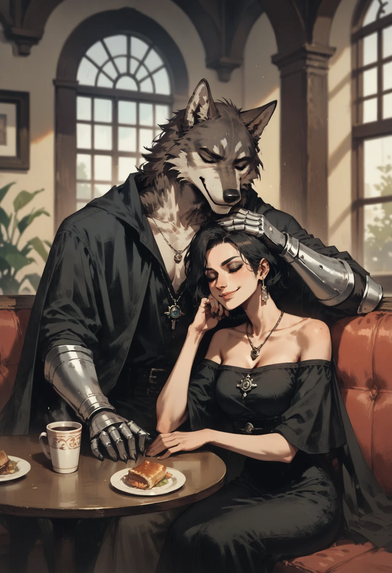 score_9, score_8_up, score_7_up score_9, score_8_up, score_7_up, score_6_up, score_5_up, score_4_up,
<lora:NeonFantasyNocturneV10:1> cult1st,
1girl, smile, short hair, black hair, 1boy, gloves, dress, closed mouth, jewelry, bare shoulders, sitting, collarbone, closed eyes, indoors, off shoulder, necklace, blurry, black dress, cape, armor, cup, lips, window, animal, table, furry, gauntlets, couch, hand on own face, pendant, head rest, dog, off-shoulder dress, furry male, hand on own cheek, wolf, wolf boy, restaurant