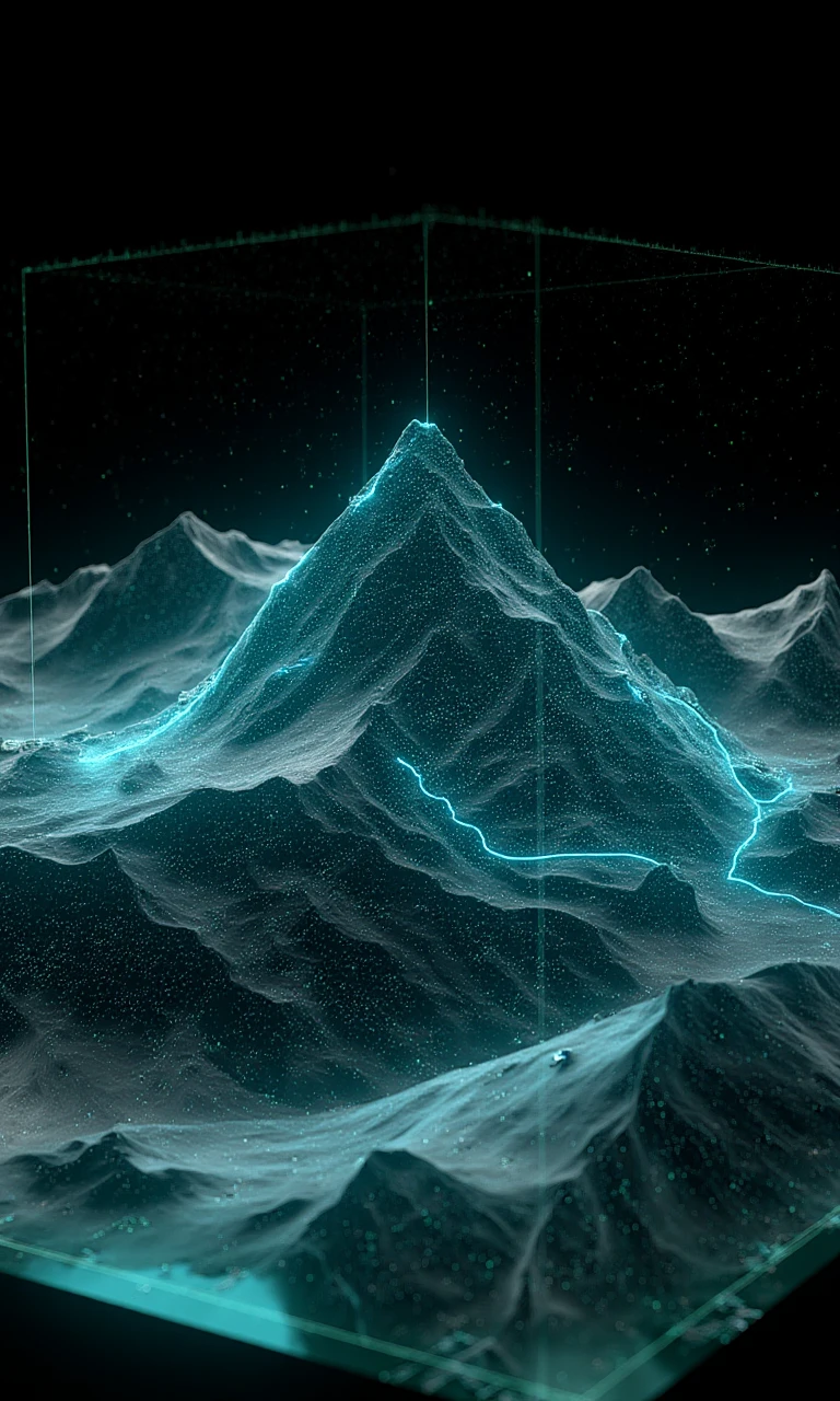 A holographic projection of a mountain, horizontal contours, horizontal cutting <lora:flux.1_lora_flyway_holographic.safetensors:1.5:1.5>