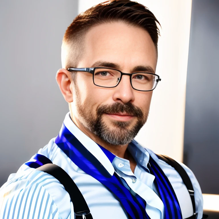 (RAW photo), <lora:DirkCaber:0.85>, dirkcaber, portrait, close-up, (mature male:1.1), facing viewer, (straight-on:1.2), muscular male, absurdres, simple background, glasses, striped, dress shirt, suspenders