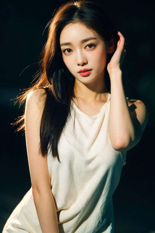 masterpiece, best quality, ultra-detailed, ultra high res, (photorealistic:1.4), raw photo, (realistic:0.2), 8k HDR, realistic lighting, 1girl, solo, (asian:0.2), asymmetrical hair, outdoor, night, (simple background:1.4), bokeh, (detailed lips), (detailed pores), (detailed skin textures), (detailed face:1.2), (upper body:1.2), a woman in a white sundress, promotional image, a character portrait, (thigh gap:1.2)