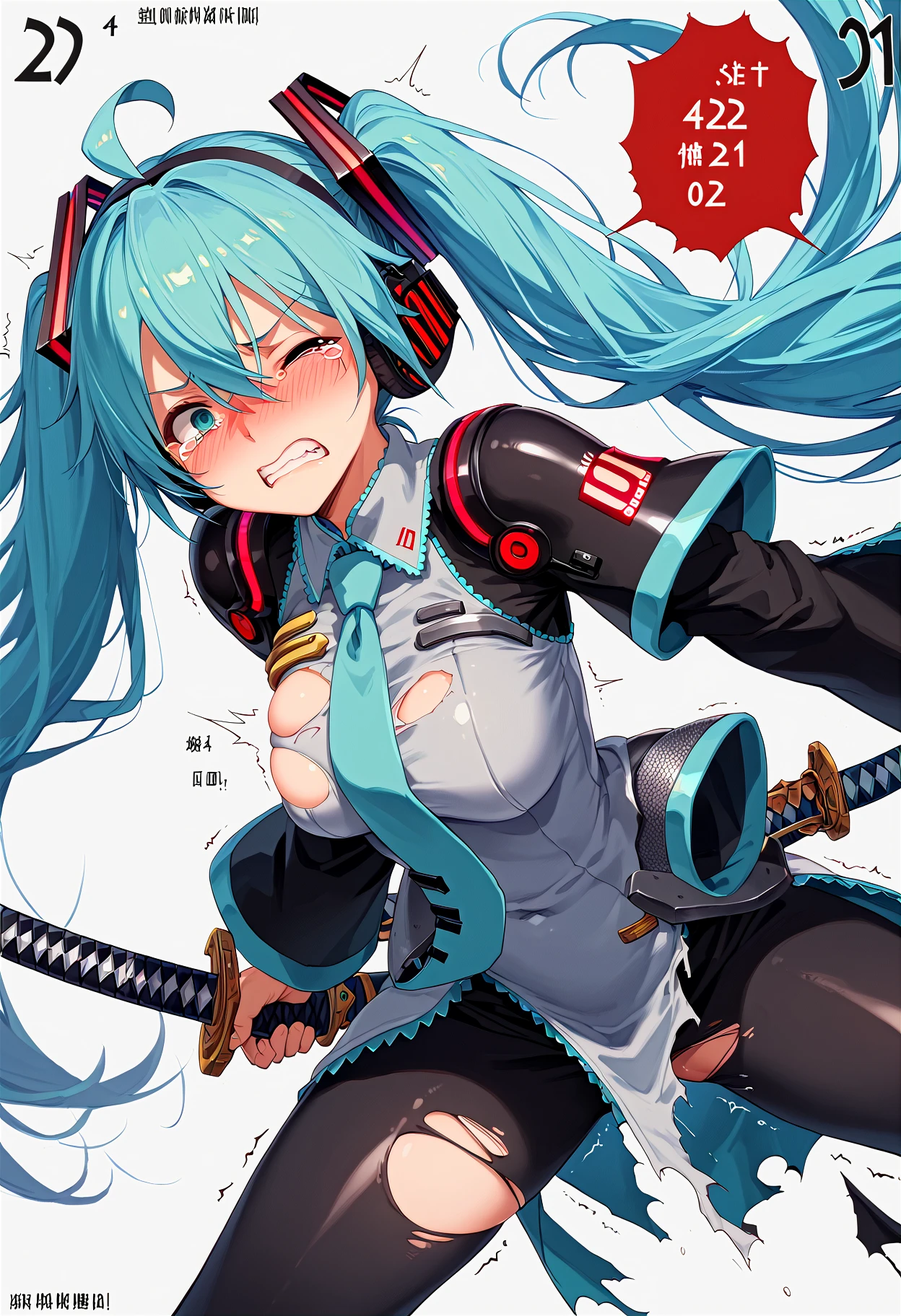score_9, score_8_up, score_7_up, score_6_up, score_5_up, score_4_up,
<lora:QB_Battle_V1:0.95>1 girl, (cowboy shot) , simple background, white background, Number TEXT, Chines, Chinese text, Japanese text,
(defeat, wince, incoming attack,
number Text, (red speech bubble), trembling, focus line, vibrating line, comic expression,
(tearing clothes:1.5), (torn clothes:1.5), malfunction clothes, clothing cutout,
embarrassed, nose blush, blush, tears,
Half closed eyes ,
clenched teeth ,
spread legs,
)
,
from below,, looking down,, Face,,
Armor, shoulder pads, shoulder shields,
Large katana, Huge nodachi, axe , sword ,
mikuhatsune,miku hatsune, ahoge, aqua eyes, aqua hair, crossed bangs, hair between eyes, hair ornament, headphones, long hair, twintails, mature female,