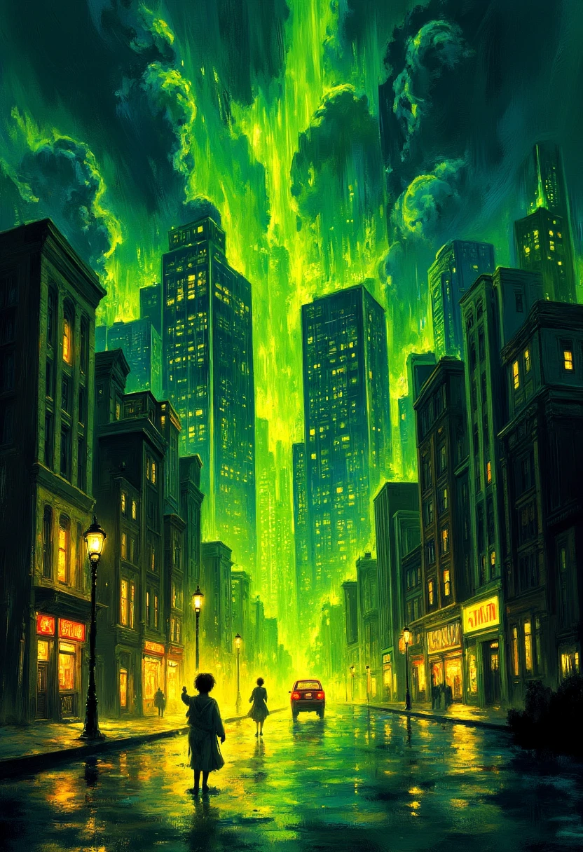 the painterly City Skyline with toxic glowing green goo dripping down from the sky, causing green fire and chaos on the streets below. Surrealistic painting. motion.