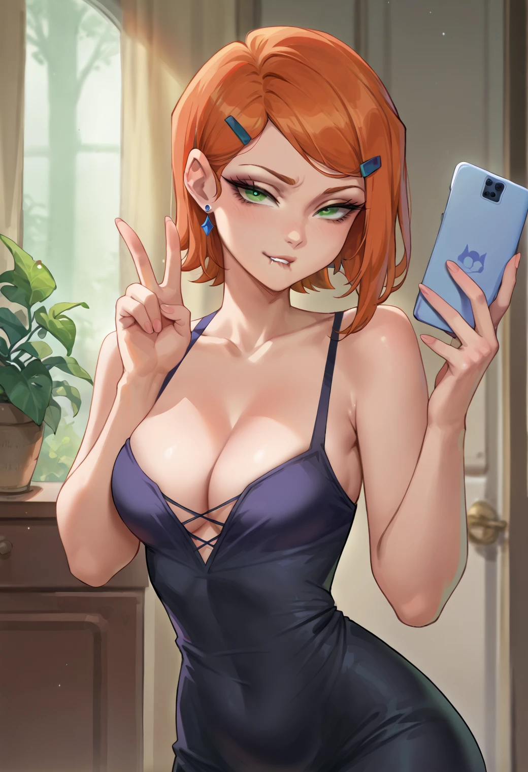 score_9, score_8_up, score_7_up, BREAK ict style, 1girl, <lora:gwen:1> Gwendolyn_Tennyson, ginger hair, short hair, green eyes, hairclip, bedroom eyes, lip bite, dress, black dress, V neckline, cleavage, long earrings, standing pose, bedroom, looking at viewer, holding phone