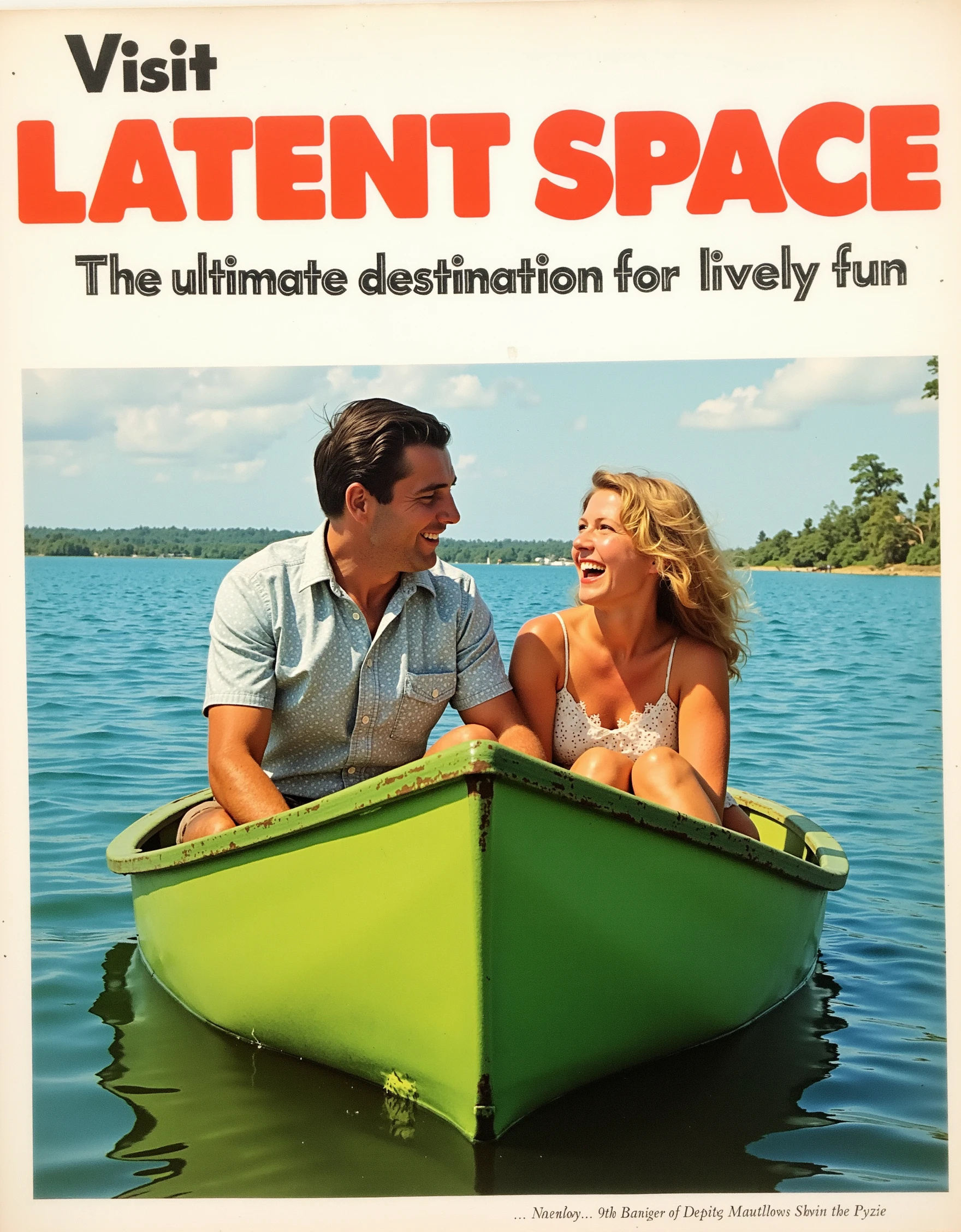 m1dc3ntury ad 1960s photograph of a man and a woman sitting a boat laughing candid, advertisement, facing the viewer, photography shoot, post production, the image has printing artifacts and wear from being aged over years. Rule of thirds composition, avocado green boat, blue waters. This is a full page ad with the red text above saying "Visit LATENT SPACE" subheading in black "The ultimate destination for lively fun."