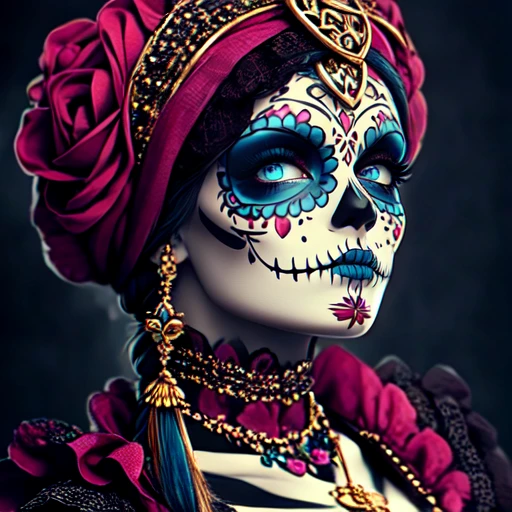 <lora:Vibrant_CalaveraSD1:1> ArsMJStyle, Vibrant Calavera, The image is a close-up portrait of a woman's face specifically the Day of the Dead-inspired makeup. The woman is wearing a pink headscarf with a large flower on top which is tied in a bun. She has blue eyes and is also wearing a gold necklace with a pendant. Her face is painted with intricate sugar skull designs including red orange and yellow flowers and blue eyeliner. The background is black making the colors of the makeup stand out even more. The overall mood of the image is dark and eerie., 1girl, solo, jewelry, blue eyes, necklace, braid, makeup, hat, tattoo, chain