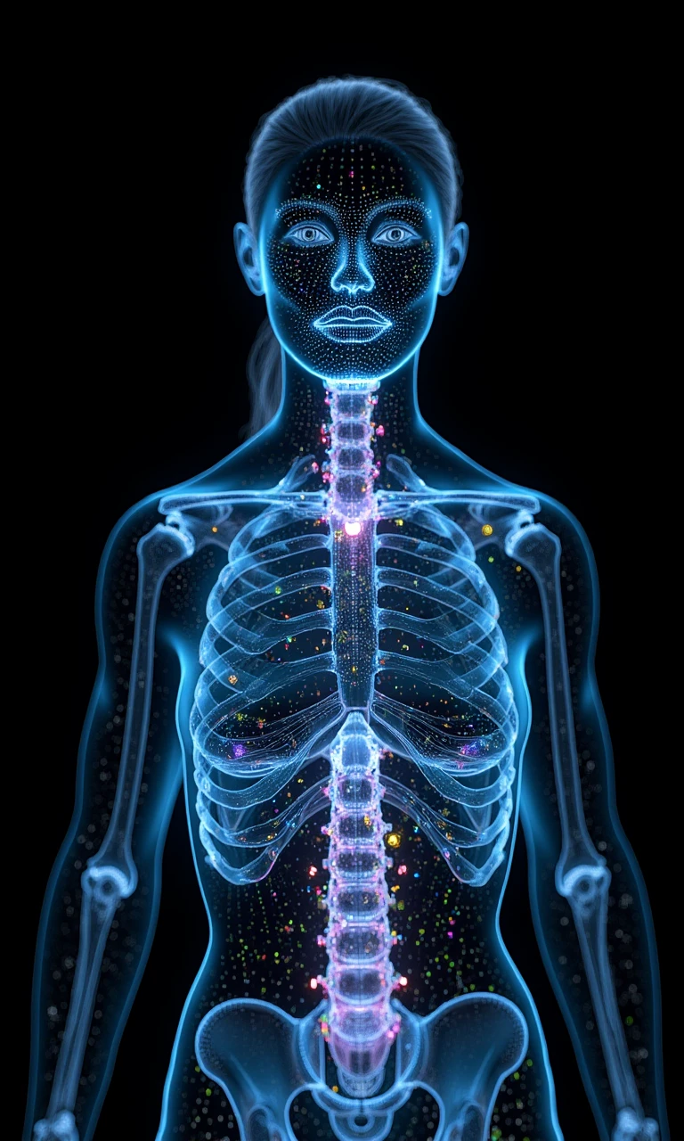 A holographic woman made of a network. Her skin is transparent, and through her skin you can see that her bones are made up of lines, colorful lines. <lora:flux.1_lora_flyway_holographic:1.0>