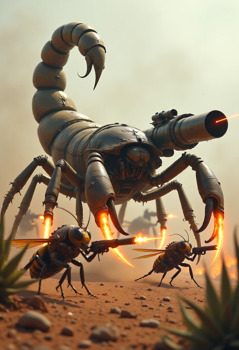 A giant scorpion commando leads a charge, its pincers holding large, glowing energy blades while its tail fires precision laser shots from a mounted cannon. Surrounding it are smaller insect commandosâants with flamethrowers and hornets with energy gauntletsâpreparing for an ambush. The battlefield is a post-apocalyptic desert with strange, alien flora dotting the landscape. The insectsâ stances are tense, crouching low to the ground, preparing for a coordinated attack. The mixture of traditional melee and advanced sci-fi weaponry gives the scene a primal, yet futuristic, warlike energy.  , InsectCommandos