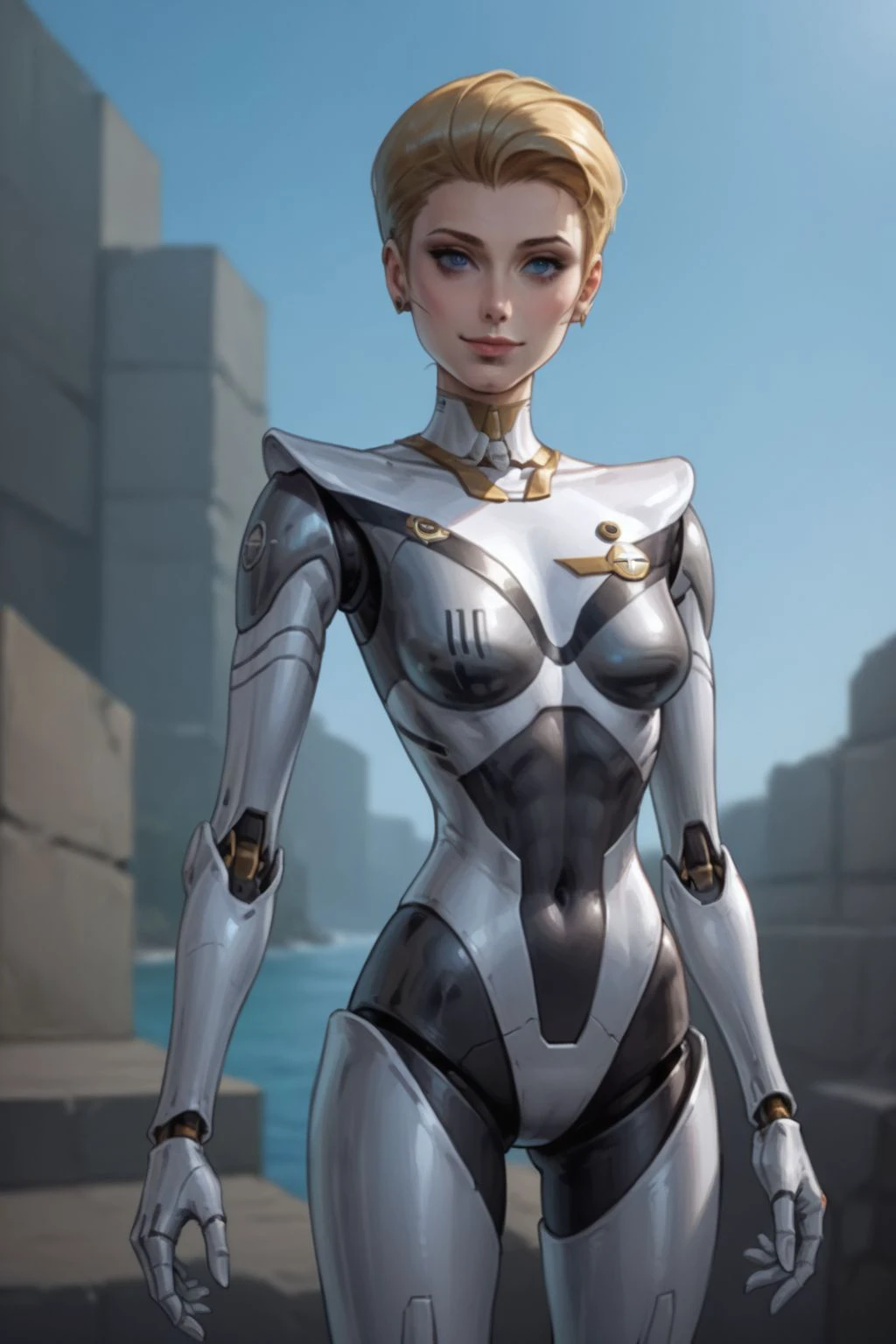 score_9, score_8_up, score_7_up, masterpiece, high quality, highres RAW photo,
solo, maxinereboot, 1girl, robot, made of chrome metal, metal body, metal face, chrome, blonde hair, short hair, blue eyes, <lora:MaxineReBoot_Pony-000009:0.65>
(slender body, petite:1.2), sexy, eye contact, tiny waist, sensual, seductive look, happy, smile, smiling, (sexy pose, standing)
((futuristic science fiction))