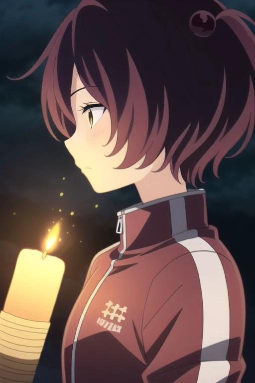 (masterpiece),komari chika, short hair, reddish-brown hair, yellow eyes, 1girl, solo, jacket, track jacket, from side, profile, holding, fire, candle, red jacket, night