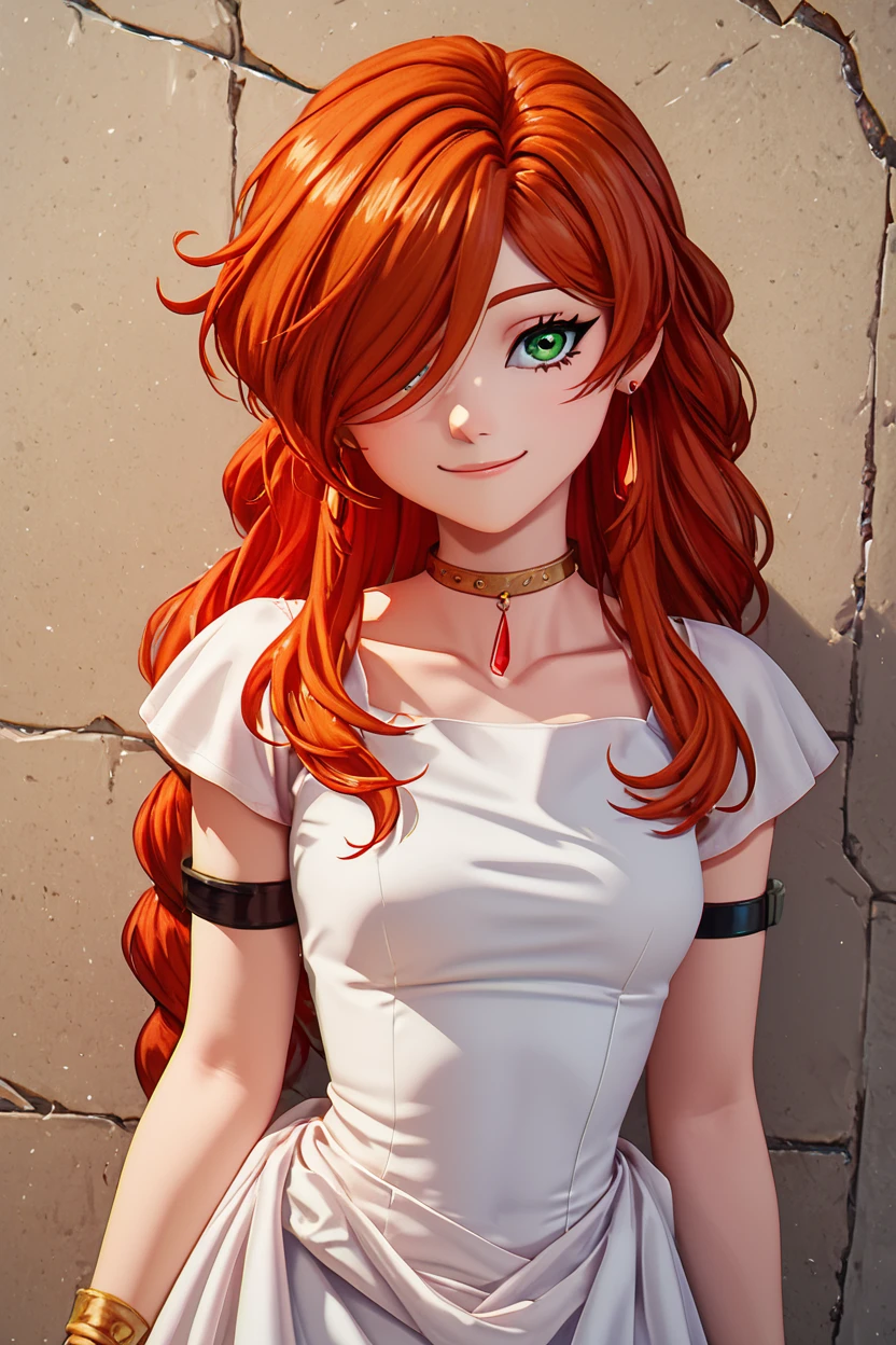 score_9, score_8_up, score_8, medium breasts, (curvy), cute, eyelashes,       BREAK, , zzFlamme, long hair, green eyes, brown hair, orange hair, hair over one eye, earrings, braid, collarbone, armlet, white dress, short sleeves, bracelet, choker, red hair <lora:FlammeFrieren_PDXL_v1:0.8>, BREAK, smile, closed mouth, looking at viewer, cowboy shot, ,,, embedding:zPDXL, Expressiveh, ,,, <lora:BeautifulCAT_PDXL:0.8>, <lora:SDXLFaeTastic2400:0.5>, <lora:Expressive_H-000001:0.4>,