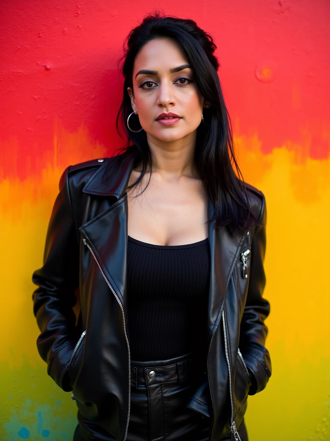 The image is a vibrant detailed portrait of archiepanjabi., a high-energy photograph featuring a woman standing confidently front of a gradient textured wall background that transitions from deep red at the top to a bright yellow at the bottom, with a hint of blue and green in the middle left and right. 
The woman has a medium complexion and straight, dark hair styled back in a loose, casual manner. Her eyes are a striking brown, and she has a subtle, natural makeup look with a focus on her lips, which are painted a soft pink. She is dressed in a sleek, black leather jacket with a subtle shine, zipped up, paired with a fitted, black top with thin vertical pinstripes. The jacket has long sleeves and is cinched at the waist, accentuating her slender figure. She stands confidently with her hands in her jacket pockets, exuding a poised and assertive demeanor with her eyes looking directly at the camera and her lips slightly parted.
 <lora:Archie-Panjabi_flux1D_LOREVER:1>