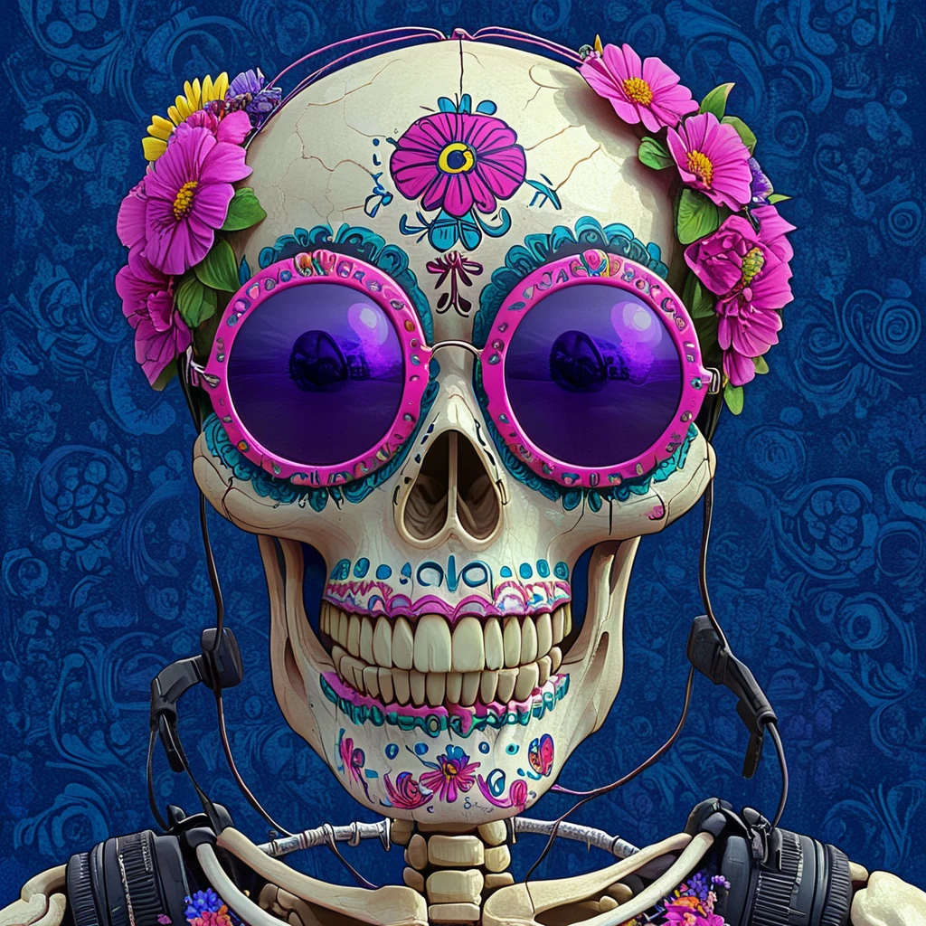 <lora:Vibrant_Calavera_r1:1> ArsMJStyle, Vibrant Calavera, The image is a digital art piece that features a skull with a pair of pink sunglasses on its head. The skull is decorated with intricate patterns and designs in a variety of colors including pink blue yellow and green. The sunglasses have a round frame and are surrounded by pink and purple flowers. The background is a deep blue color and the skull is standing on a wire-like structure. The overall style of the image is reminiscent of the Day of the Dead or Dia de los Muertos celebration., flower, no humans, teeth, blue background, colorful, purple flower, pink flower, solo