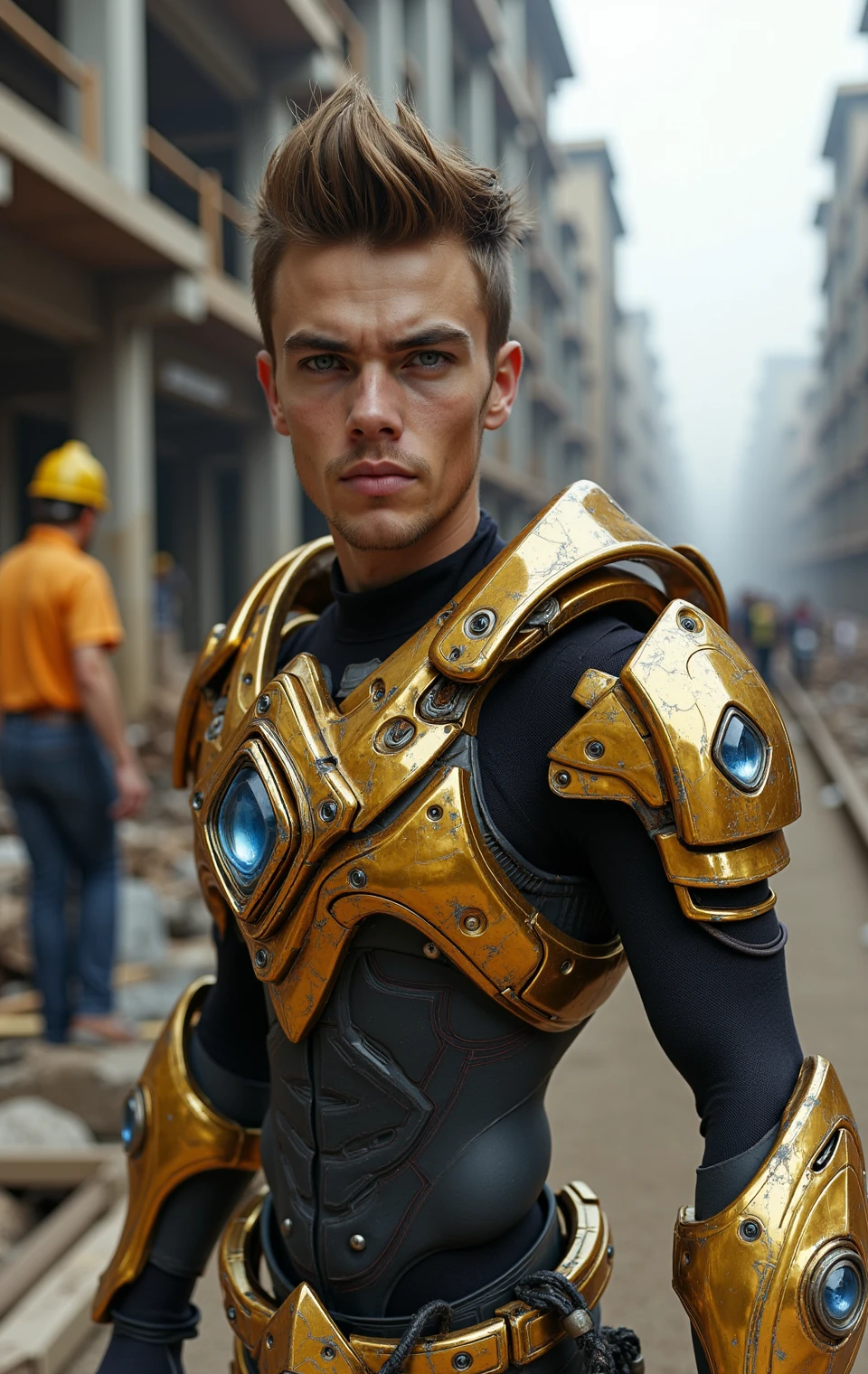 protosszealot,photo of a young and handsome male as a builder with Gorgeous high-tech armor working on construction site