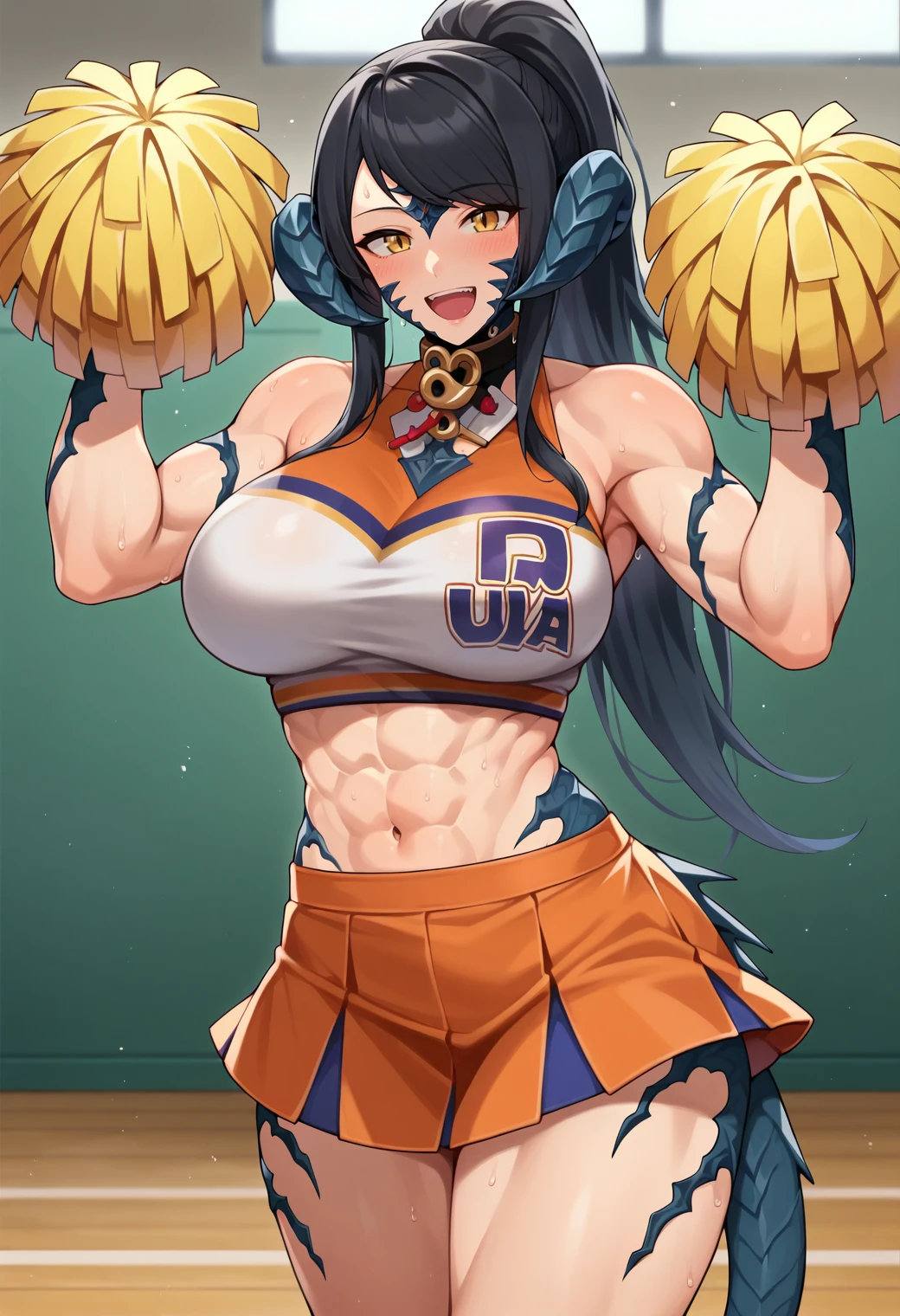 score_9, score_7_up, hd, (ultra hd quality details), source_anime, blurry background, indoors,
solo, 1girl, sapphiranyx, very long hair, ponytail, au ra, dragon tail, scales, dragon horns, large breasts, muscular female,
cheerleader, pom pom \(cheerleading\), 
looking at viewer, blush, smile, open mouth, embarrassed, 
standing, hands up, dynamic pose, sweating,
<lora:_sapphira_nyx-elesico-pony-04:1>