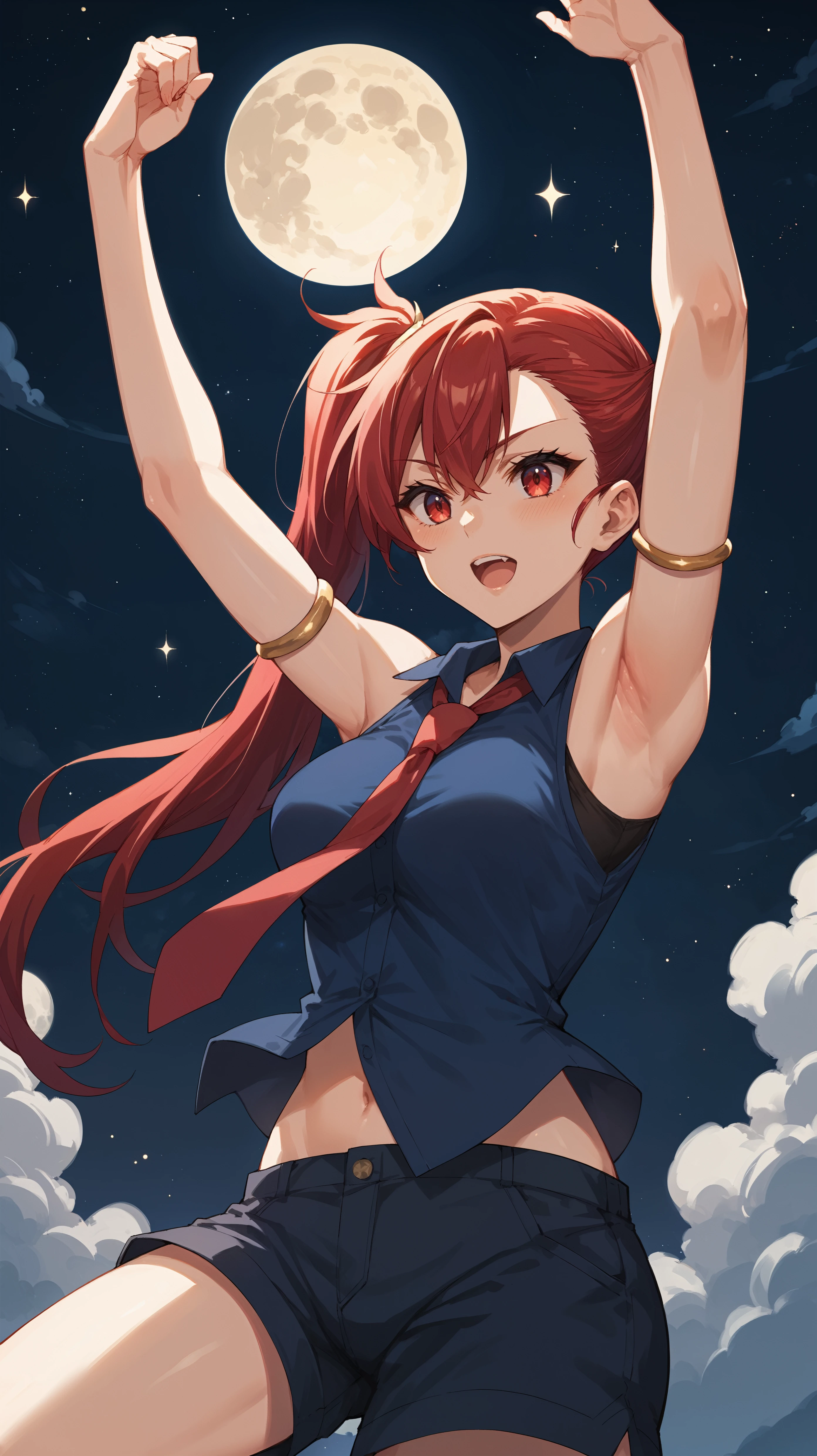 score_9,score_8_up,score_7_up,score_6_up, source_anime, zPDXL3, <lora:xl_more_art-full_v1:0.5>, girl, dynamic pose, arms up, <lora:Sera - Pony-000004:0.8>, long hair, red hair, side ponytail, red eyes, blue shirt, shorts, sleeveless, gold armlet, red tie, night sky, stars, full moon, clouds,