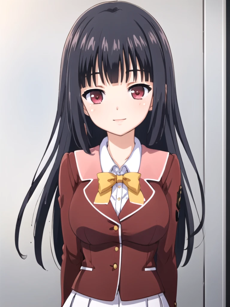 ((masterpiece)),(best quality),official art,extremely delicate and beautiful,extremely detailed CG,unity 8k wallpaper,ultra detailed,beautiful detailed eyes,extremely detailed face,outdoors,1girl,solo,upper body,(portrait:1.5),looking at viewer,facing viewer,smile,blush,Mikami Yuka,black hair,long hair,hime cut,sidelocks,blunt bangs,red eyes,school uniform,red jacket,blazer,yellow bowtie,collared shirt,white shirt,long sleeves,large breasts,miniskirt,pleated skirt,white skirt,brown pantyhose,loafers,<lora:Mikami Yuka(oc):1.3>,