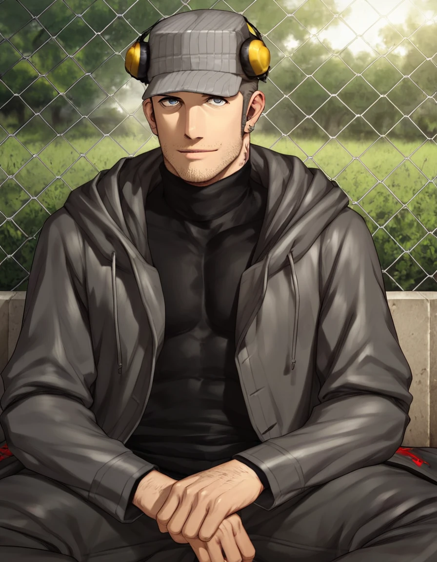 score_9, score_8_up, score_7_up, detailed, high quality eyes, outdoors
BREAK <lora:Persona 5 - Iwai Munehisa - Pony_epoch_13:0.9>, (m_iwai, grey hair, mature male, grey eyes, short hair, stubble, neck tattoo, hat, ear protection, earrings, black turtleneck, dark grey long coat, pants, boots, handsome face, detailed face), sitting in park, looking at viewer, feet out of frame