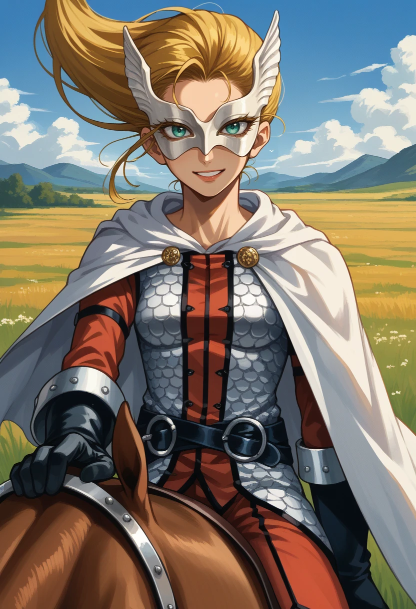 score_9, score_8_up, score_7_up, source_anime BREAK 1girl, solo, cowboy shot, riding horse, looking at viewer, smile, field
 <lora:zs_ValkyrieXL:1> valkyriesmt, blonde hair, long hair, aqua eyes, mask, armor, brown pants, white cape, gloves, medium breasts