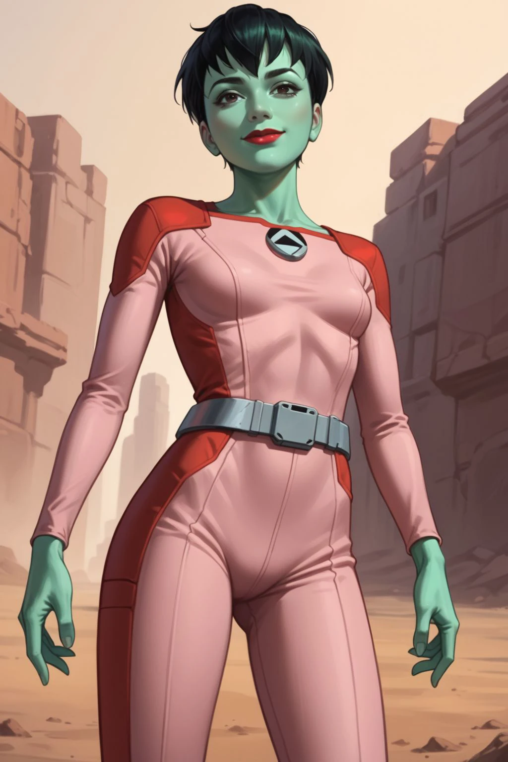 score_9, score_8_up, score_7_up, masterpiece, high quality, highres RAW photo,
solo, dotmatrixreboot, 1girl, black hair, short hair, alien, colored skin, green skin, lipstick, red and pink jumpsuit, metal belt, <lora:DotMatrixReBoot_Pony-000009:0.65>
(slender body, petite:1.2), sexy, eye contact, tear_drop breasts, tiny waist, sensual, seductive look, happy, smile, smiling, (sexy pose, standing)
((futuristic science fiction))