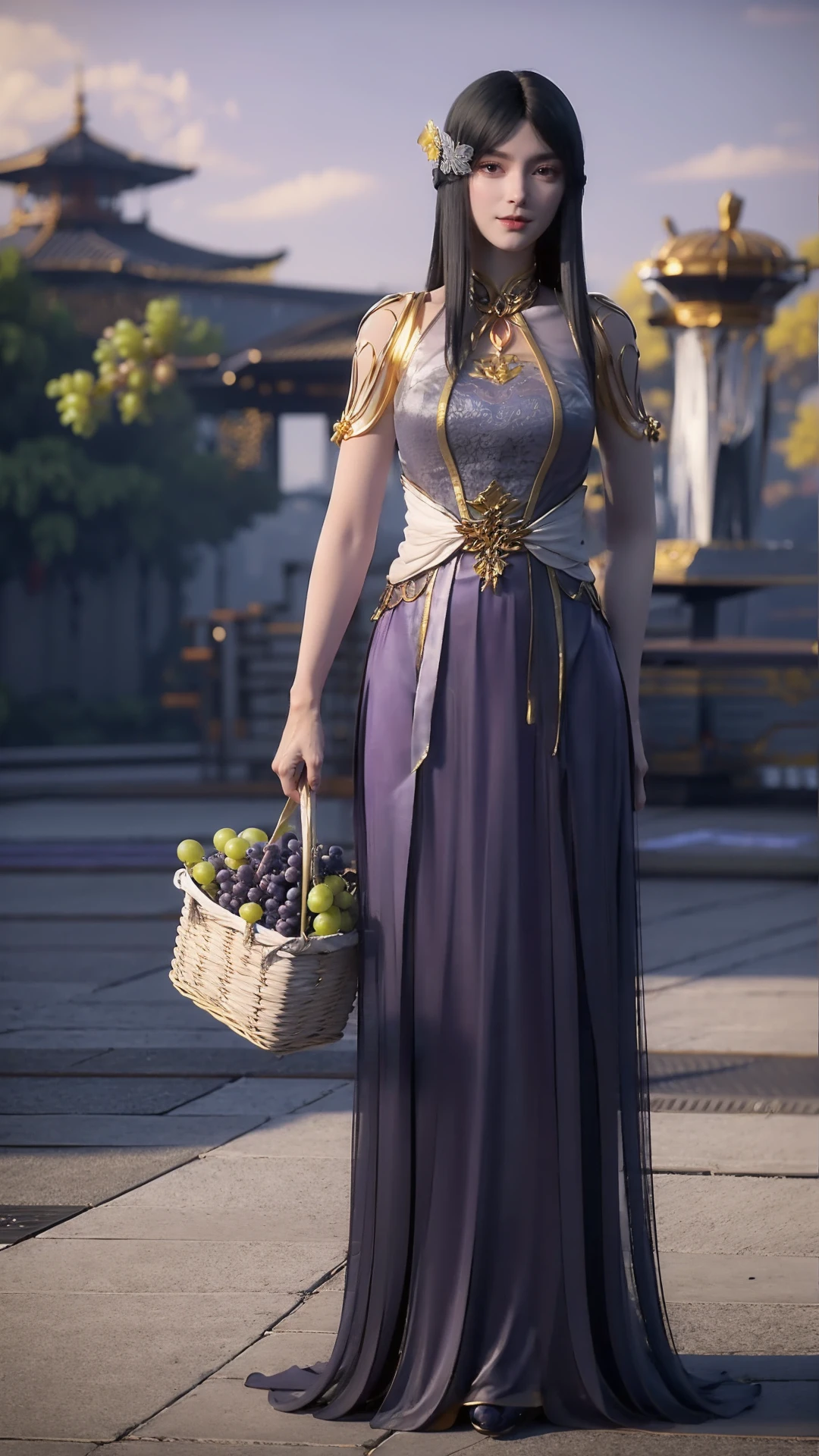 1girl,solo,long hair,black hair,hair ornament,hair flower,brown eyes,light smile,dress,standing,holding a fruit basket,looking at viewer,outdoors,(field),((purple grapes)),sunset,((purple grape vine)),harvest day,romance,fruit theme,fantasy,scenery,((glowing)),full body,3d,Highly detailed,(ultra-detailed),(best quality,masterpiece:1.5),<lora:liufei:0.7>,