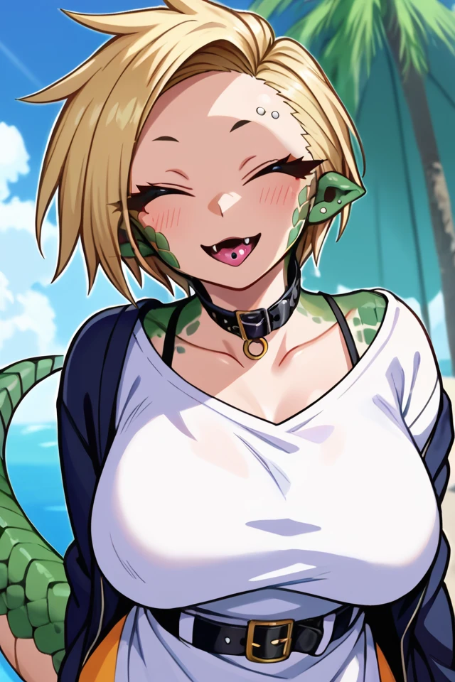 score_9,score_8_up,score_7_up,score_6_up, 1girl, solo, looking at you, big breasts, short hair, golden hair, (golden eyes), (forked tongue), tongue, green scales, scales, (lizard girl), (lizard tail), tail down, (lighting flare), fangs, upper body, tongue piercing, ear piercing, asymmetrical hair, hair between eyes, smile, sexy, erotic, seductive smile, eyebrow piercing, outdoors, shaved head, sexy dress, belt collar, black belt, curvy, mouth closed, parted lips,