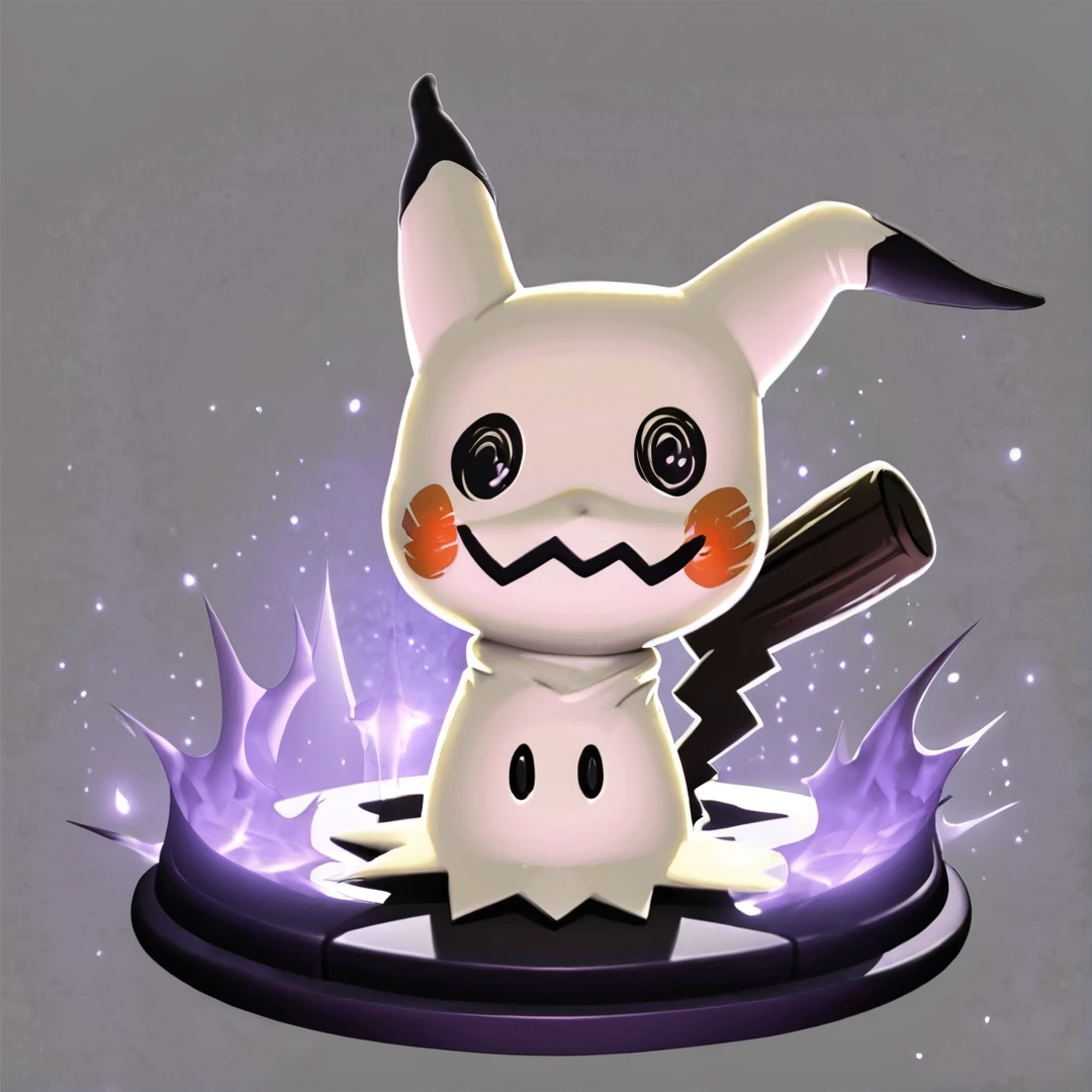 <lora:Mimikyu:1>, mimikyu, looks like a Pikachu, skin is a grayish-beige, tail is made of wood, and has a grayish-brown color, face consists of poorly drawn eyes, cheeks, and a zigzag mouth, two holes appear in the body of the costume, which are the actual eyes, underneath the cloth appears to be a black shadowy mass, with two glowing eyes