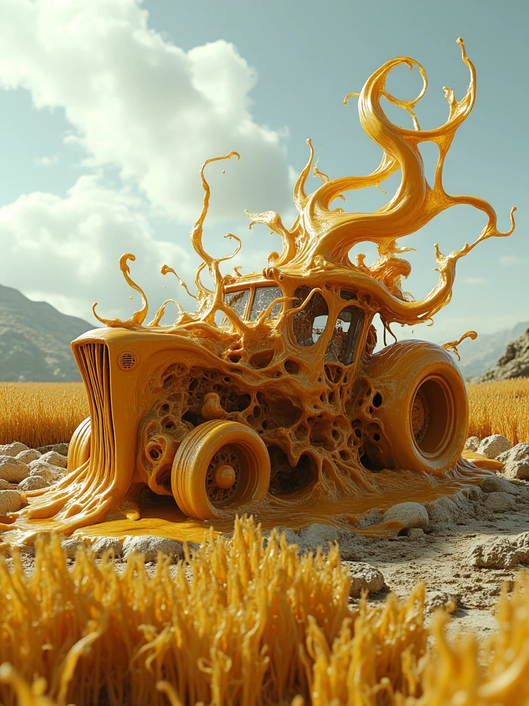 a tractor made out of scream_fluid,working on rice field