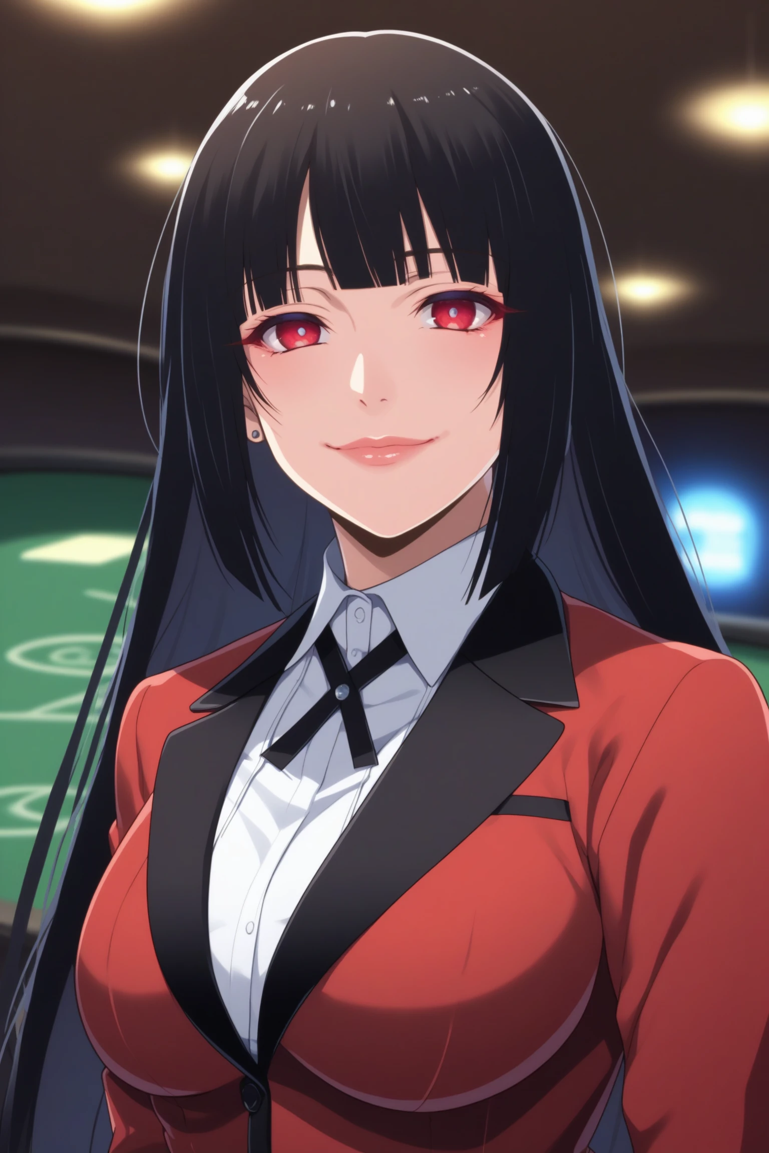 jabami yumeko, long hair, black hair, bangs, himecut, red eyes, hyakkaou academy school uniform, long sleeves, red nails, nail poilsh, blazer, red jacket, suit jacket, white shirt, collared shirt, black neck ribbon, black skirt, plaid skirt, pleated skirt, black pantyhose, loafers, <lora:Yumeko_Jabami:0.8>, score_9, score_8_up, score_7_up, score_6_up, score_5_up, source_anime, rating_safe, medium breasts, indoors, casino, 1girl, solo, looking at viewer, <lora:age_slider_v4:3>, (upper body:1.2)