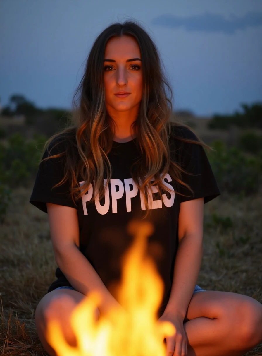 stp00l3, she is wearing a "PUPPIES" branded tshirt, she is sitting by a campfire