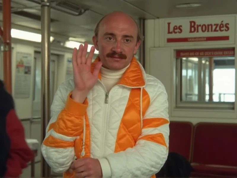 Jean-Claude DUSSE, he wears a vintage white and orange skisuit in the paris subway. The station name sign says "Les Bronzés". He waves goodbye<lora:Jean-Claude_DUSSE:0.9>