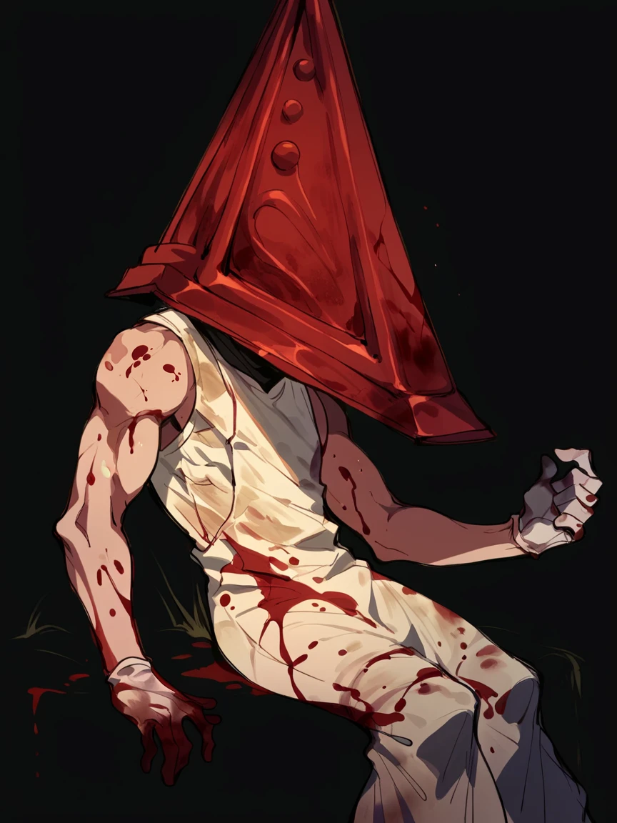 score_9, score_8_up, score_7_up, score_6_up, score_5_up,   <lora:pyramidheadXLP:1> pyramid head, male focus, solo, helmet, blood on clothes, dirty, dark background