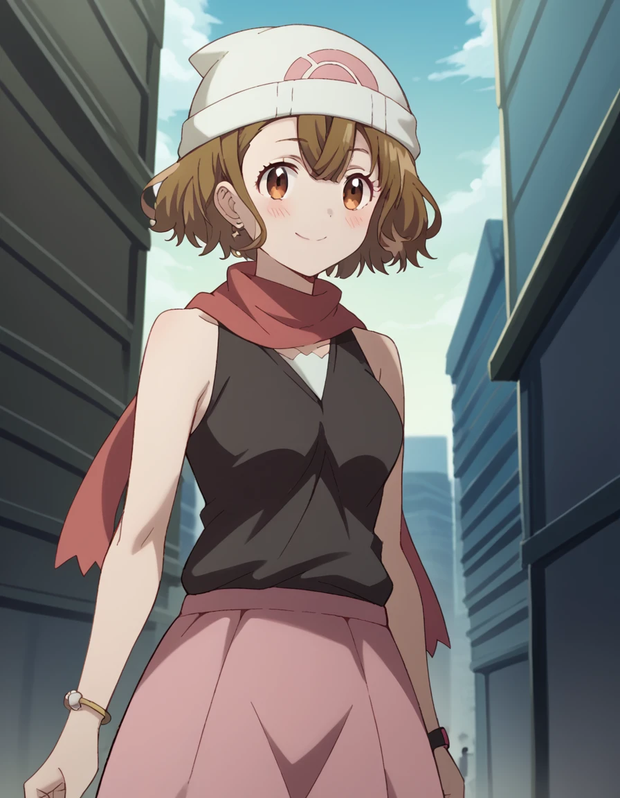 score_9, score_8_up, score_7_up, source_anime, <lora:yuzuha-mishima-s1-ponyxl-lora-nochekaiser:1>, yuzuha mishima, short hair, brown hair, brown eyes, medium breasts, <lora:dawn-pokemon-cosplay-ponyxl-lora-nochekaiser:1>, dawnpokemoncosplay, dawn (pokemon) (cosplay), bare shoulders, beanie, black shirt, black socks, bracelet, hat, jewelry, kneehighs, miniskirt, pink skirt, red scarf, scarf, shirt, skirt, sleeveless, sleeveless shirt, white headwear,, cityscape, street, smile, blush,, , cowboy shot, dutch angle,