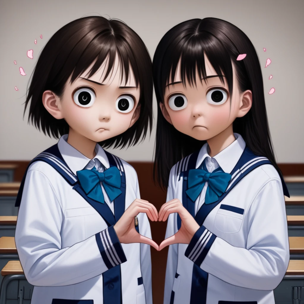 2girls, school uniform, heart hands duo, cheek to cheek, smilling, anime style, detailed eyes