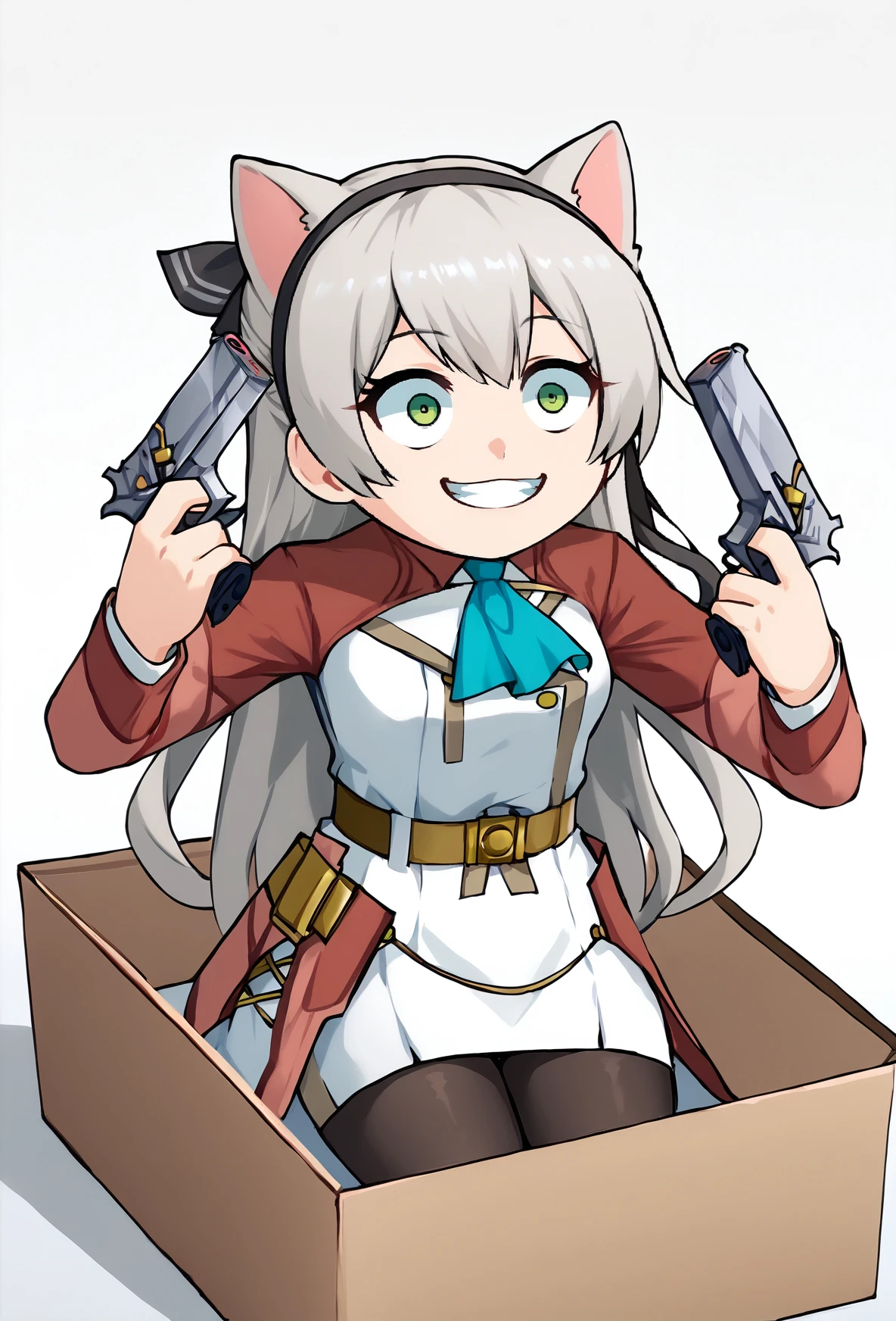 b0xe,in box,chibi,cardboard box, 
cat ears,
score_9, score_7_up,
zeroelie, grey hair, long hair, green eyes, black hairband, hair ribbon, black ribbon, red shrug top, blue ascot, white dress, yellow belt, skirt, thighs, black pantyhose, 
handgun, holding gun, holding weapon, dual wielding, finger on trigger, smile, grin, crazy eyes
 <lora:chibi_box_b0xe_v2.1:0.9> <lora:discord_nekonekonekone_ponyXL:0.8>  <lora:DanielRadcliffeHoldingTwoGunsMeme_pdxl_Incrs_v1:0.7>  <lora:elie-pdxl-nvwls-v2:1>