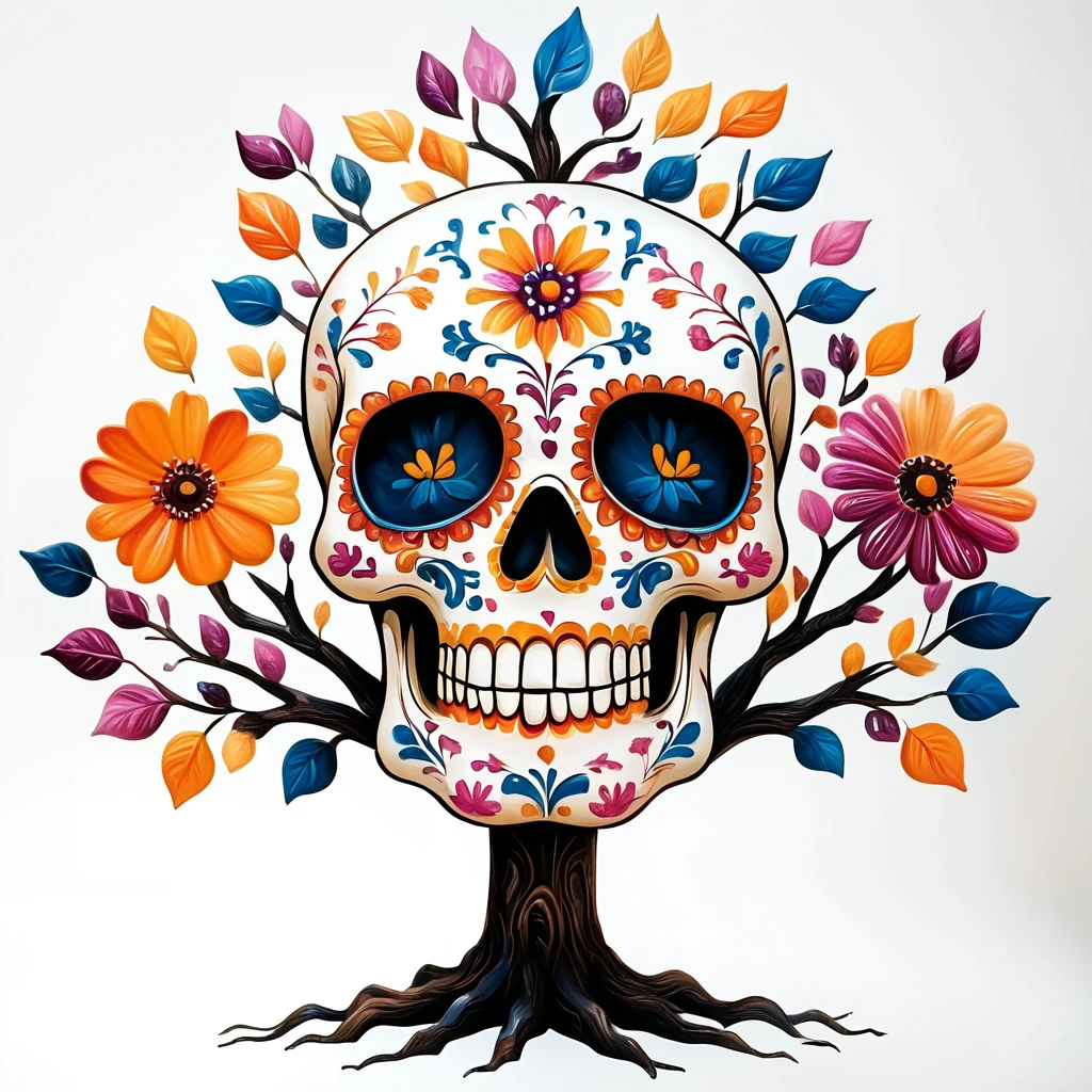 core_9, score_8_up, score_7_up, score_6_up, <lora:Vibrant_CalaveraPony:1> ArsMJStyle, Vibrant Calavera, The image is a colorful illustration of a sugar skull with a tree-like design. The skull is in the center of the image and is surrounded by a variety of colorful flowers and leaves in shades of orange pink blue and purple. The tree has a black trunk and branches that are intertwined with the skull. The flowers are arranged in a symmetrical pattern around the skull creating a sense of balance and harmony. The background is white making the colors of the tree and skull stand out. The overall style of the illustration is reminiscent of the Day of the Dead or Mexican holiday., flower, white background, no humans, traditional media, simple background, orange flower, tree, leaf, painting (medium), pink flower