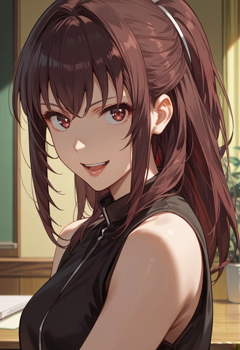 score_9,score_8_up,score_7_up,source_anime,Akane Kosaka,1girl,solo,looking at viewer,smile,open mouth,shirt,bare shoulders,upper body,sidelocks,sleeveless,black shirt,sleeveless shirt,anime coloring,