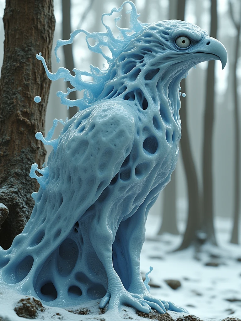 an eagle made out of scream_fluid,stands on a tree in winter