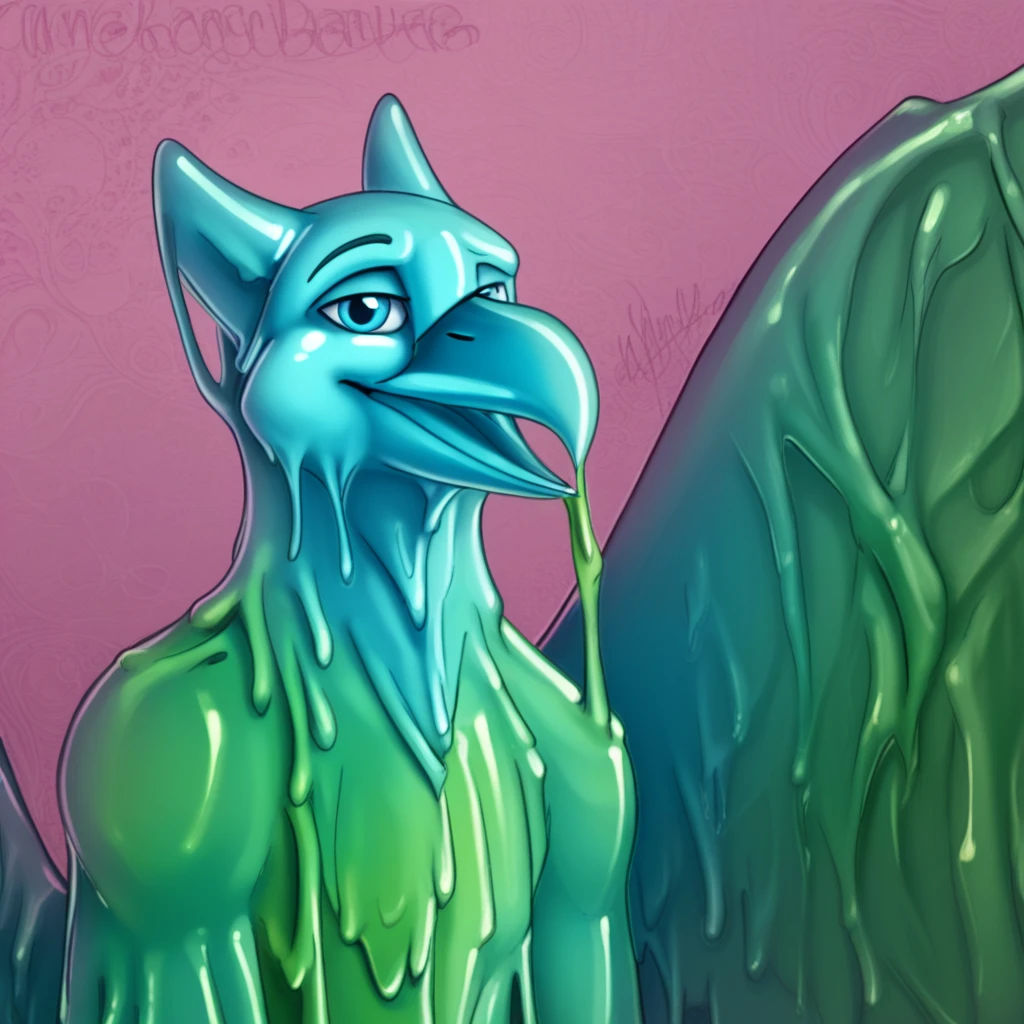 ((felix the slime gryphon)), male, gryphon, avian, gooey wings, looking at viewer, gooey beak, gooey body, 5 fingers, gooey hands, (green and blue slime), gelatinous slime body, oozing, dripping, slimy, featureless crotch, nude, smile, bedroom eyes, seductive, simple grey background, duo, male pov, ((human pov)), (first person view, human penetrating anthro, larger anthro, smaller human, cowgirl position, penis in slime, slime on penis, penis stuck in slime, sex, pinned, vaginal penetration, slime pussy