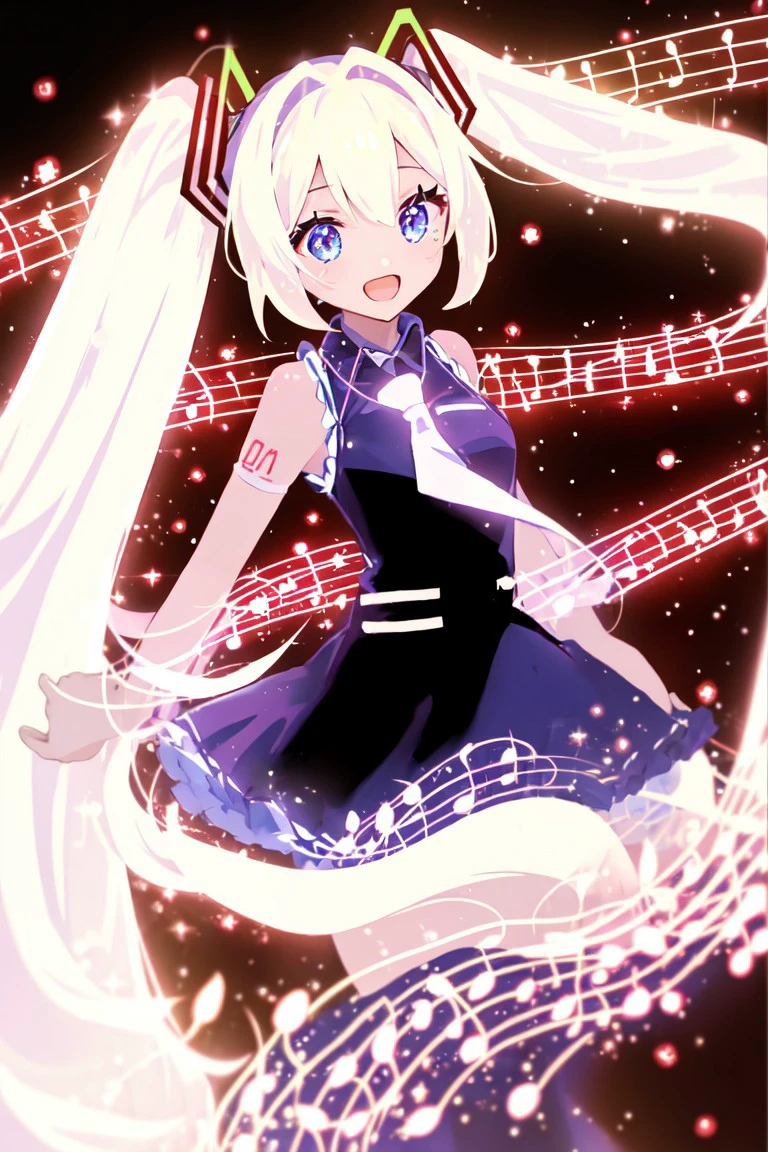 ai-generated encore (meme), solo, 1girl, bare shoulders, standing, white hair, twintails, sleeveless, hatsune miku, dress, very long hair