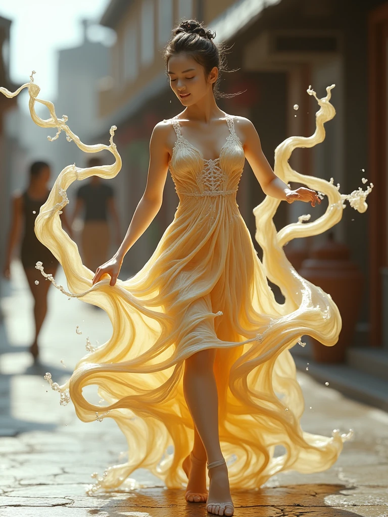 a beautiful chinese female,wearing the dress made of scream_fluid,dancing on street