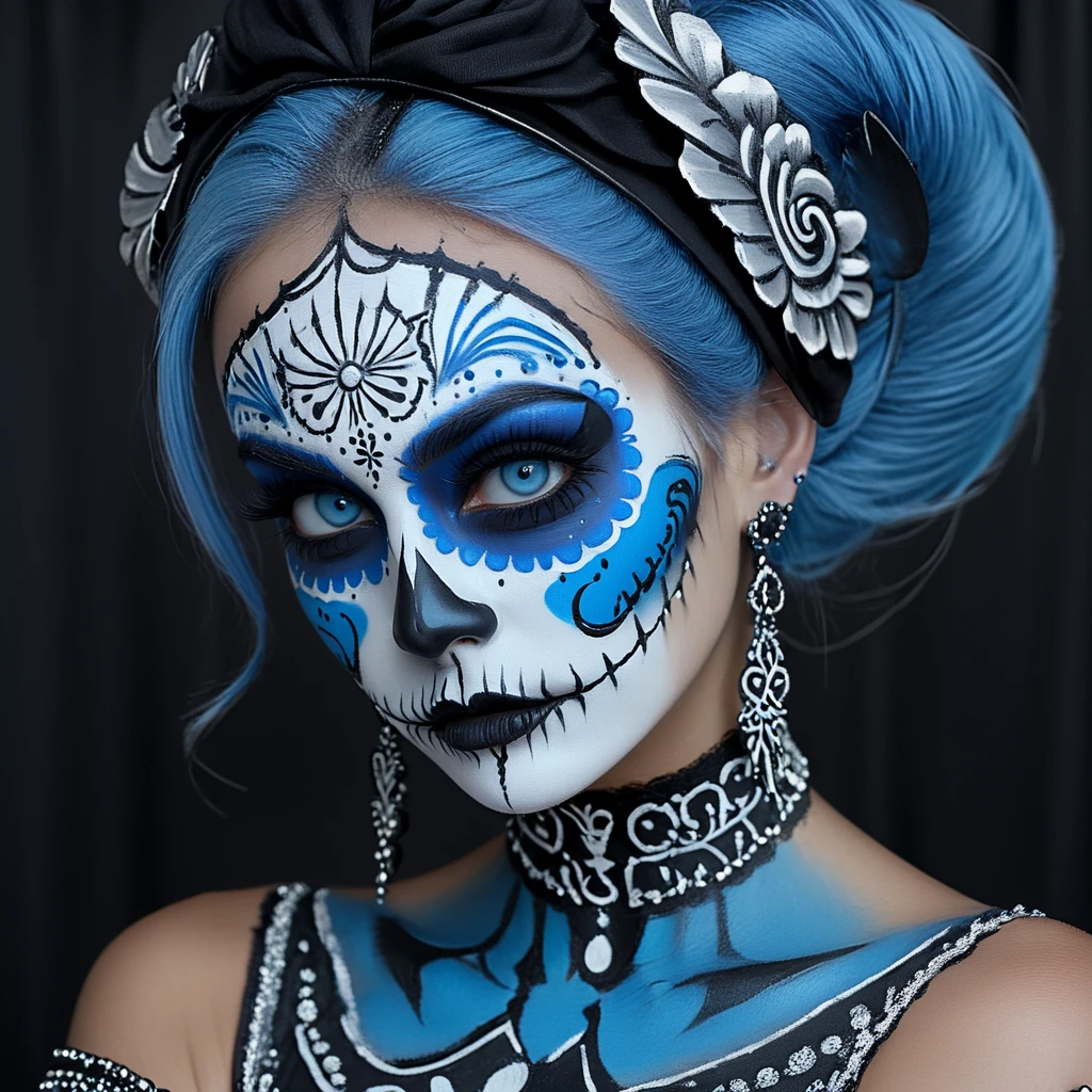 <lora:Vibrant_Calavera_r1:1> ArsMJStyle, Vibrant Calavera, The image is a close-up portrait of a woman's face and upper body. She has blue hair styled in a dramatic updo with a black headband on top. Her face is painted with intricate sugar skull makeup with white and black designs on the face and black and white lines and swirls. The eyes are painted with blue eyeshadow and black eyeliner and her nose and mouth are painted black. She is wearing a black choker necklace and earrings with silver and blue beads. The background is dark making the makeup stand out even more. The overall mood of the image is dark and eerie., 1girl, solo, blue hair, blue eyes, jewelry, earrings, makeup, looking at viewer, facepaint, portrait