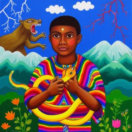 An indigenous dark skinned boy. He wears traditional andean clothes with geometrical patterns and is holding a yellow snake. There is a roaring puma, green mountains and  a blue sky with clouds and thunders.