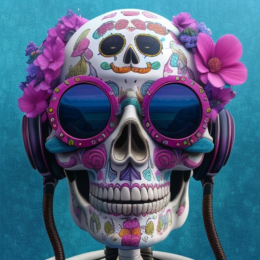 ArsMJStyle, Vibrant Calavera, The image is a digital art piece that features a skull with a pair of pink sunglasses on its head. The skull is decorated with intricate patterns and designs in a variety of colors including pink blue yellow and green. The sunglasses have a round frame and are surrounded by pink and purple flowers. The background is a deep blue color and the skull is standing on a wire-like structure. The overall style of the image is reminiscent of the Day of the Dead or Dia de los Muertos celebration., flower, no humans, teeth, blue background, colorful, purple flower, pink flower, solo