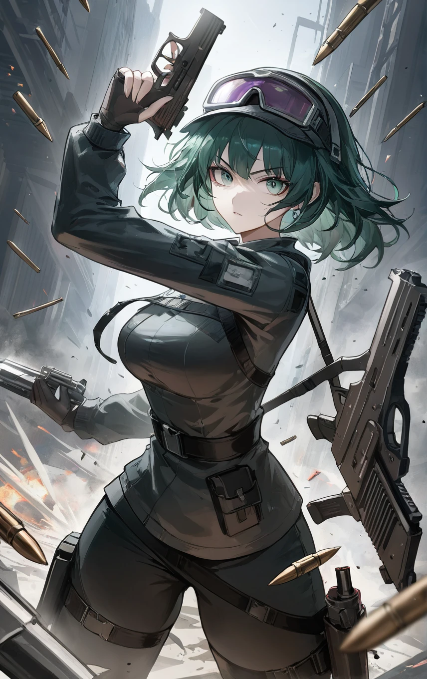 1girl, attack pose, weapon, gun, cool, <lora:Ela_Arknights-000020:1>, ailaaa, a hail of bullets,, masterpiece, best quality,