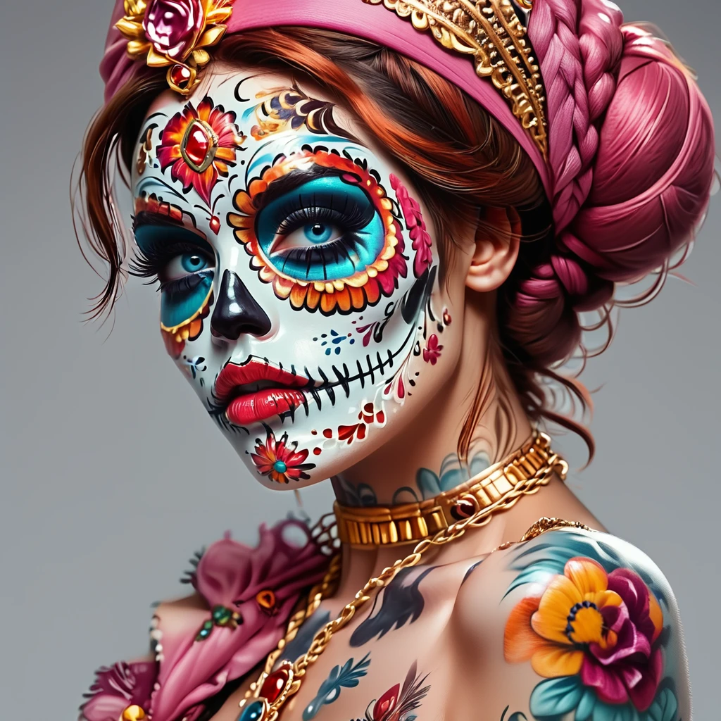 core_9, score_8_up, score_7_up, score_6_up, <lora:Vibrant_CalaveraPony:1> ArsMJStyle, Vibrant Calavera, The image is a close-up portrait of a woman's face specifically the Day of the Dead-inspired makeup. The woman is wearing a pink headscarf with a large flower on top which is tied in a bun. She has blue eyes and is also wearing a gold necklace with a pendant. Her face is painted with intricate sugar skull designs including red orange and yellow flowers and blue eyeliner. The background is black making the colors of the makeup stand out even more. The overall mood of the image is dark and eerie., 1girl, solo, jewelry, blue eyes, necklace, braid, makeup, hat, tattoo, chain