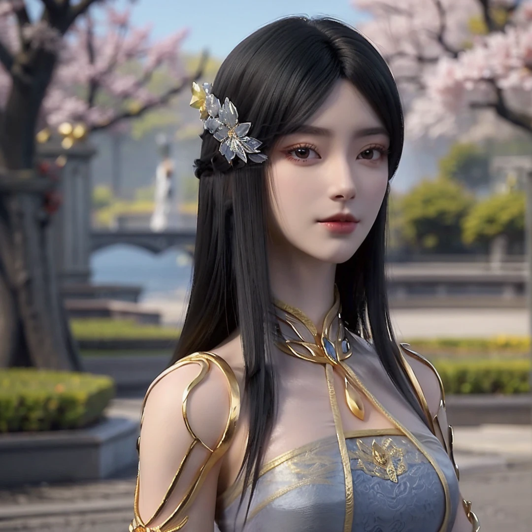 1girl,solo,long hair,black hair,hair ornament,hair flower,brown eyes,dress,looking at viewer,outdoors,nature,(flower),cherry blossoms,romance,fantasy,scenery,3d,Highly detailed,(ultra-detailed),(best quality,masterpiece:1.5),<lora:liufei:0.7>,